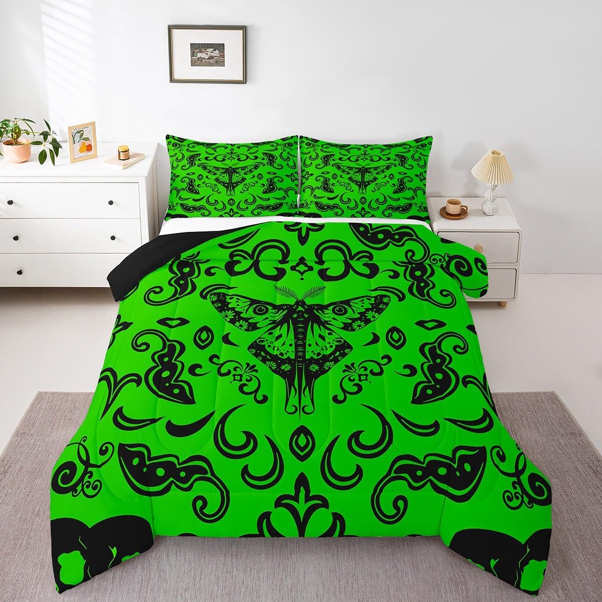 Erosebridal Boys Moth Gothic Bedding Sets Twin Lime Green Black Baroque Damask Goth Comforter Set Death Moth Skull Halloween Bed Comforter Set for Kids Adults,Retro Animal Floral Quilt Duvet