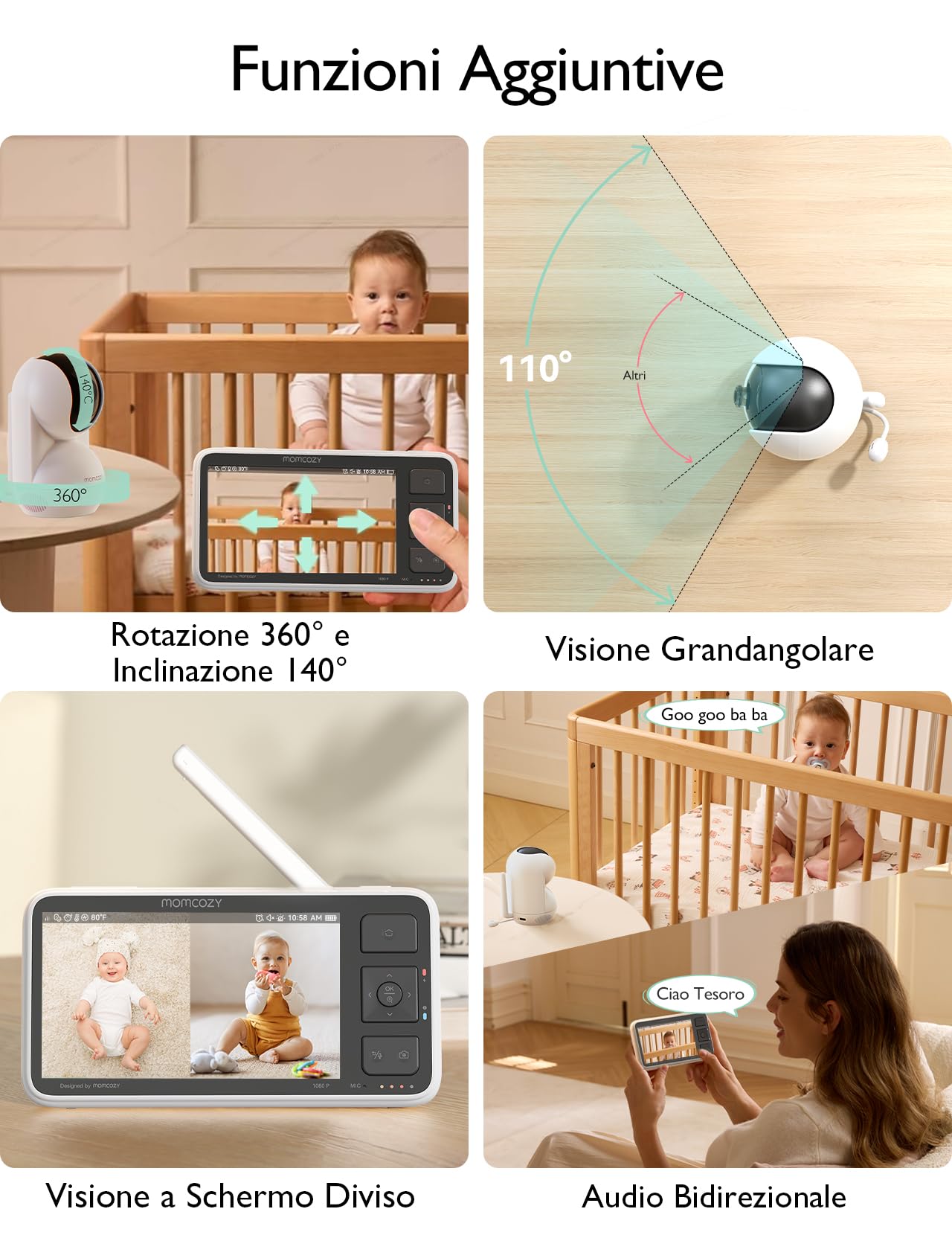 momcozy BM03S Baby Monitor Senza WiFi Portata 500m, 5,5" 1080P, 5800mAh | VOX, Connessione FHSS privata, zona sicura, rilevamento movimento, visione notturna, audio a due vie