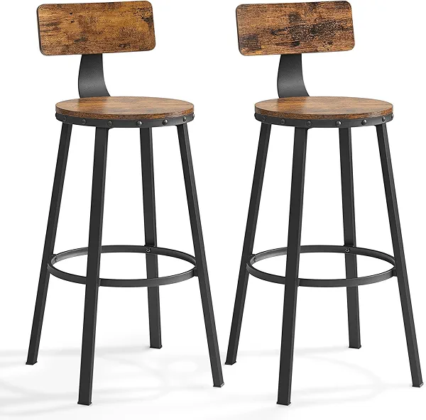 VASAGLE Bar Stools Set of 2, Bar Height Stools, 28.9 Inches Counter Barstools Chairs with Back for Dining Kitchen Island, Steel Frame, Industrial Style, Easy Assembly, Rustic Brown and Ink B
