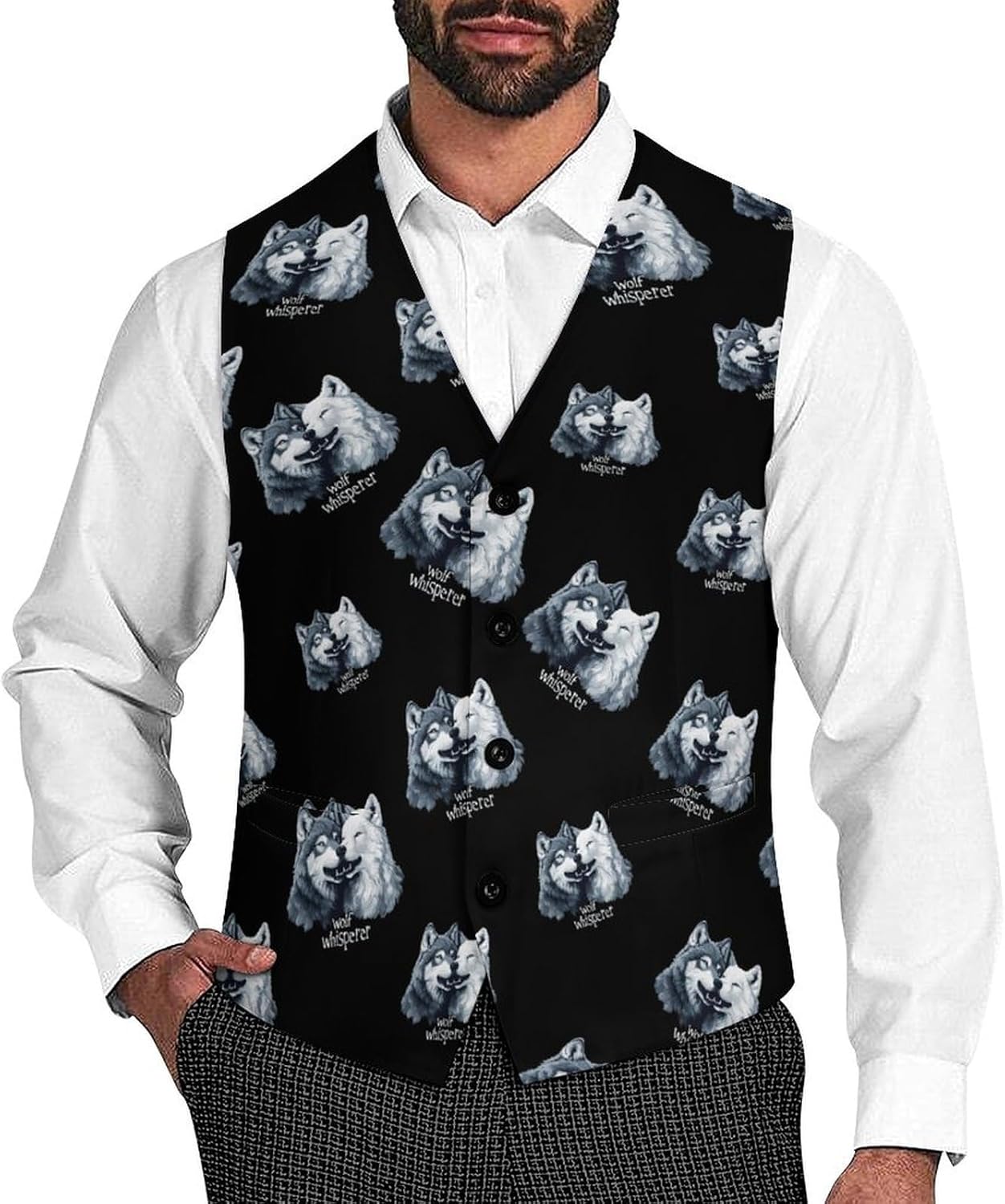 Wolf Whisperer Mens Suit Vests V-Neck Casual Vest Dress Formal Tuxedo Wedding Waistcoat