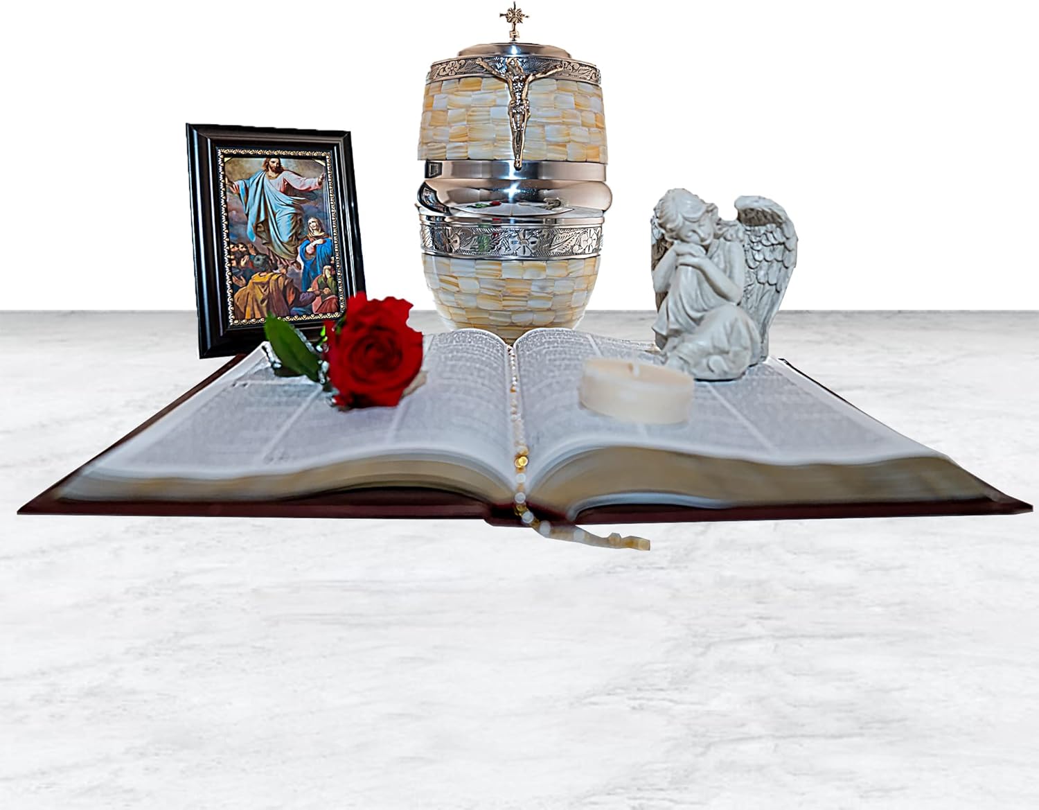 angelAngie Funeral Cremation Catholic Urns for Human Ashes with a Beauty Cross and Jesus Christ Figure, Large Size for Adults up 200 Lbs, Male or Female, White Mother Pearl