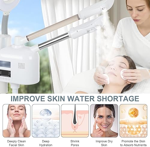 Miniatura 6 de Vaporizador facial profesional 3 en 1 para limpieza facial profunda con lámpara de aumento 5X en ruedas, boquilla nano iónica, vaporizador de ozono