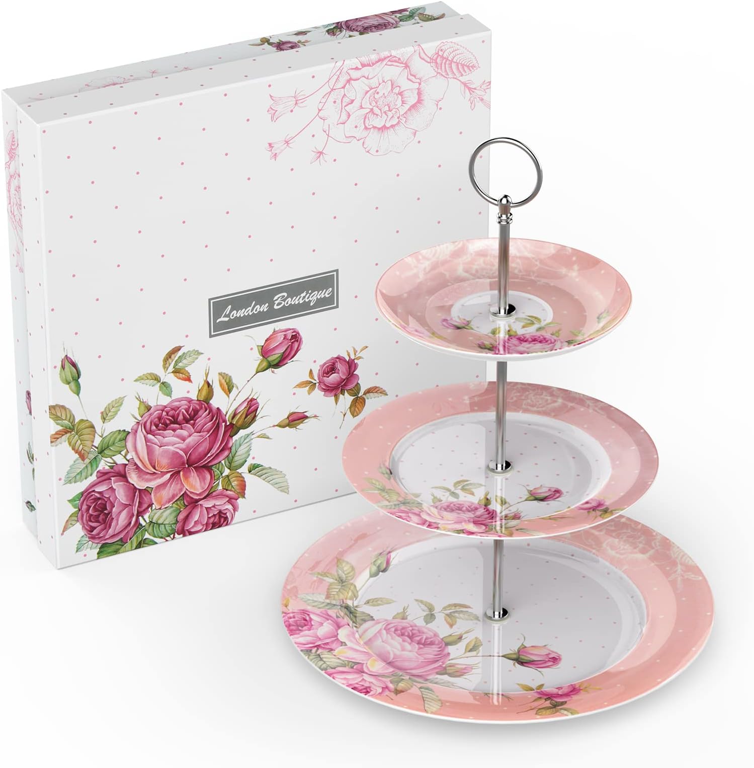 London Boutique 3 Tier Cake Stands Afternoon Tea Cake Stand Plates New Bone China Vintage Flora Gift for Her (Pink)