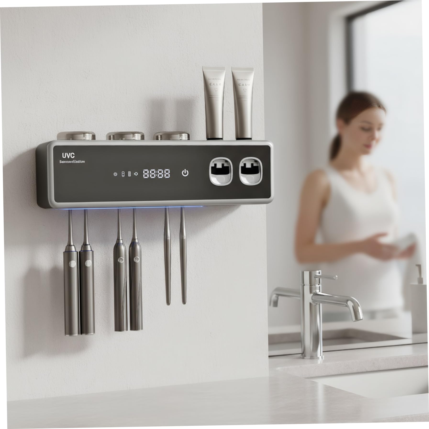 Soporte Inteligente para cepillos de Dientes montado en la Pared con UV, dispensador automático de Pasta de Dientes, Organizador de cepillos de eléctrico con función de Secado, Negro