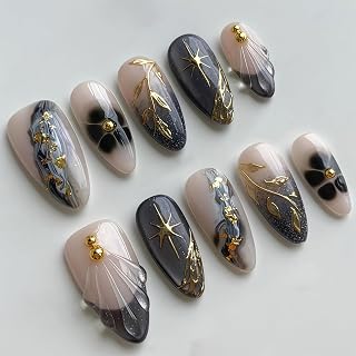 30 Stück Mandel Stylingnägel Set mittellang 3D Marmor Gold Blatt French Spitze zum Kleben elegante Damenmaniküre wiederverwendbare Ganzfläche Fake Nägel