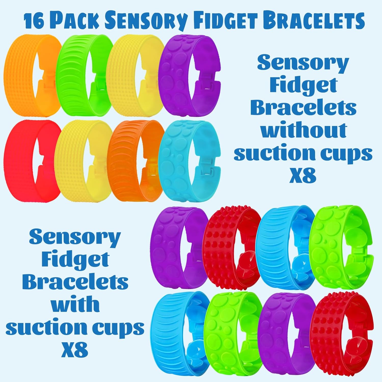 Sensory Fidget Toys Bulk 16 Pack Party Favors for Kids 4-8,8-12 Year, Suction Toy Bracelets Sensory Toys for Classroom Birthday Carnival Prizes Gifts Goodie Bags Stuffers for Kids, Special needs toys