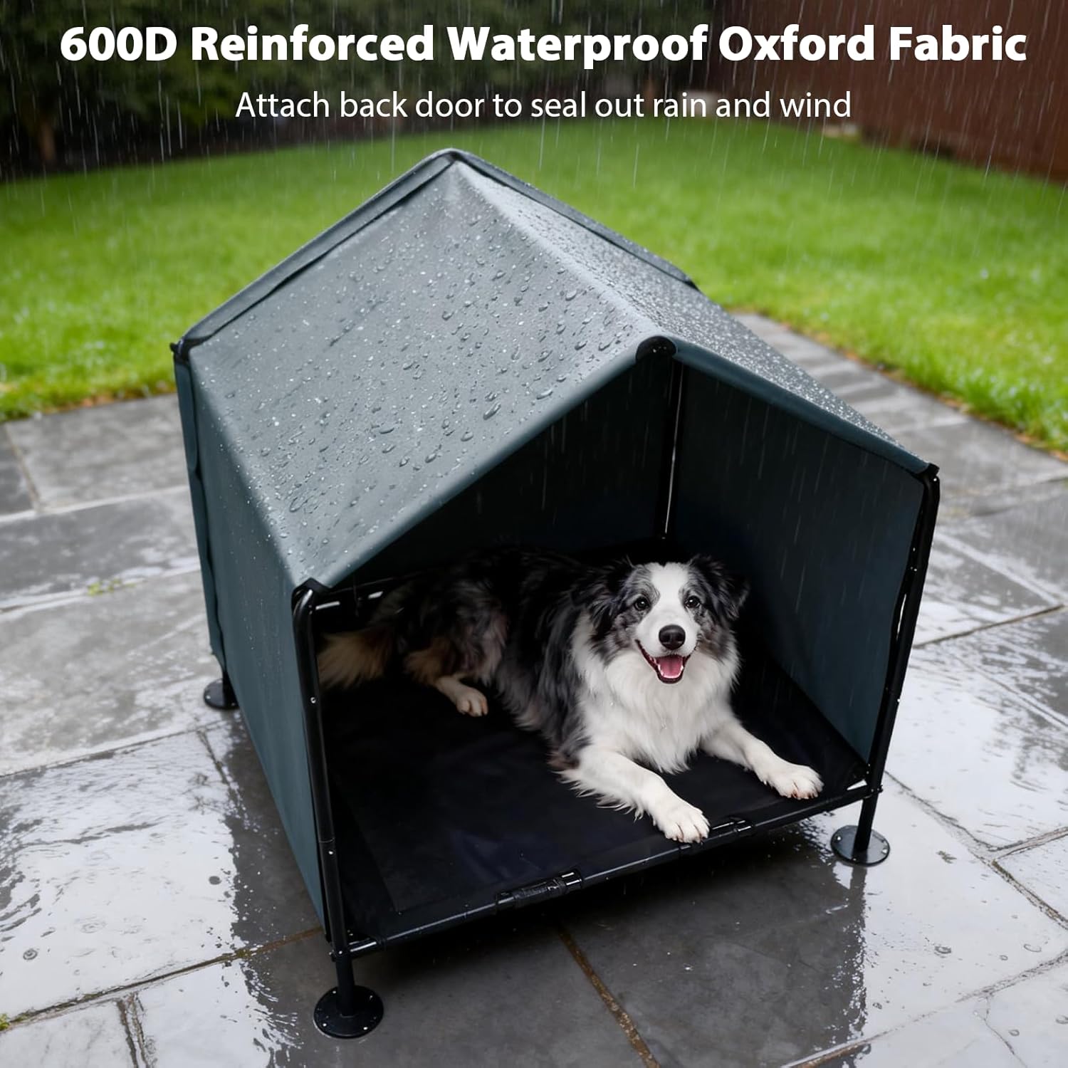Dog Canopy with Raised Bed for Outdoor, 3.3' x 2.9' x 3.5' Large Dog House Outdoor Indoor, Pet Shelter with Removable Waterproof Shade Cover, Portable Pet House for Camping, Patio, Yard