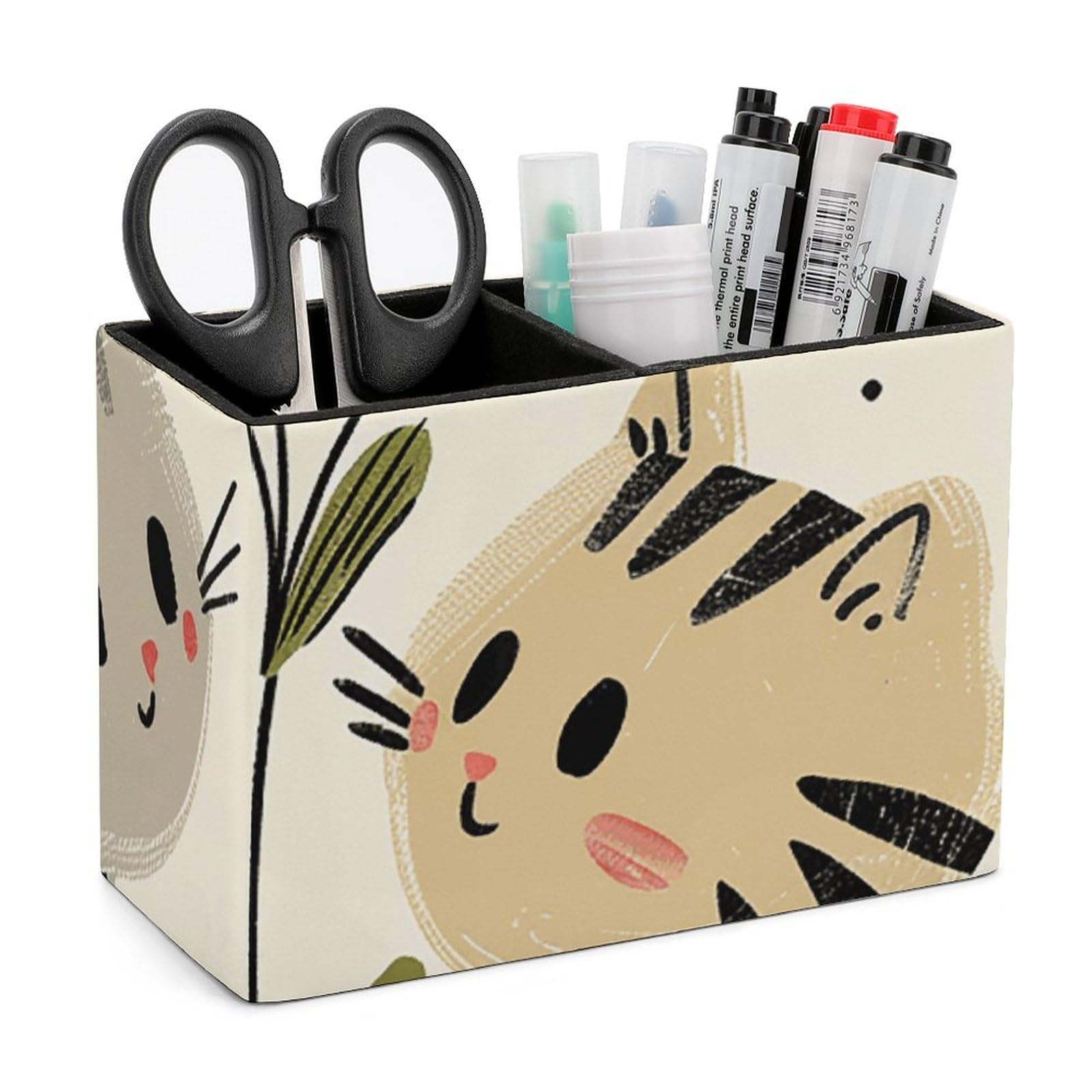 Pot à crayons en cuir synthétique organiseur de bureau avec deux chats