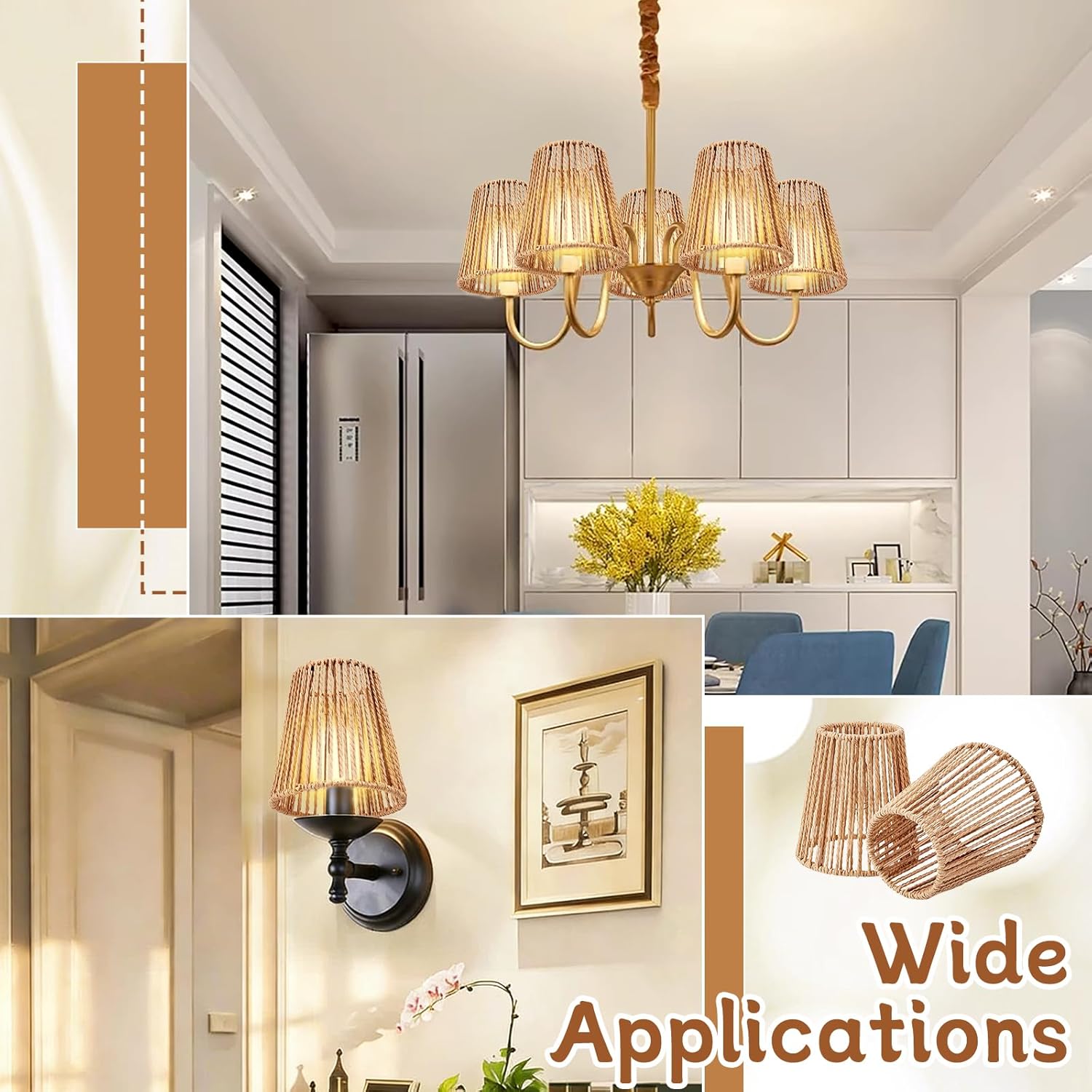 8PCS Chandelier Lamp Shades Set Small Paper Rattan Lamp Shade for Pendant Wall Ceiling Lights Clip-on Chandelier Lampshade Boho Farmhouse Table Light Cover for Candle Bulb