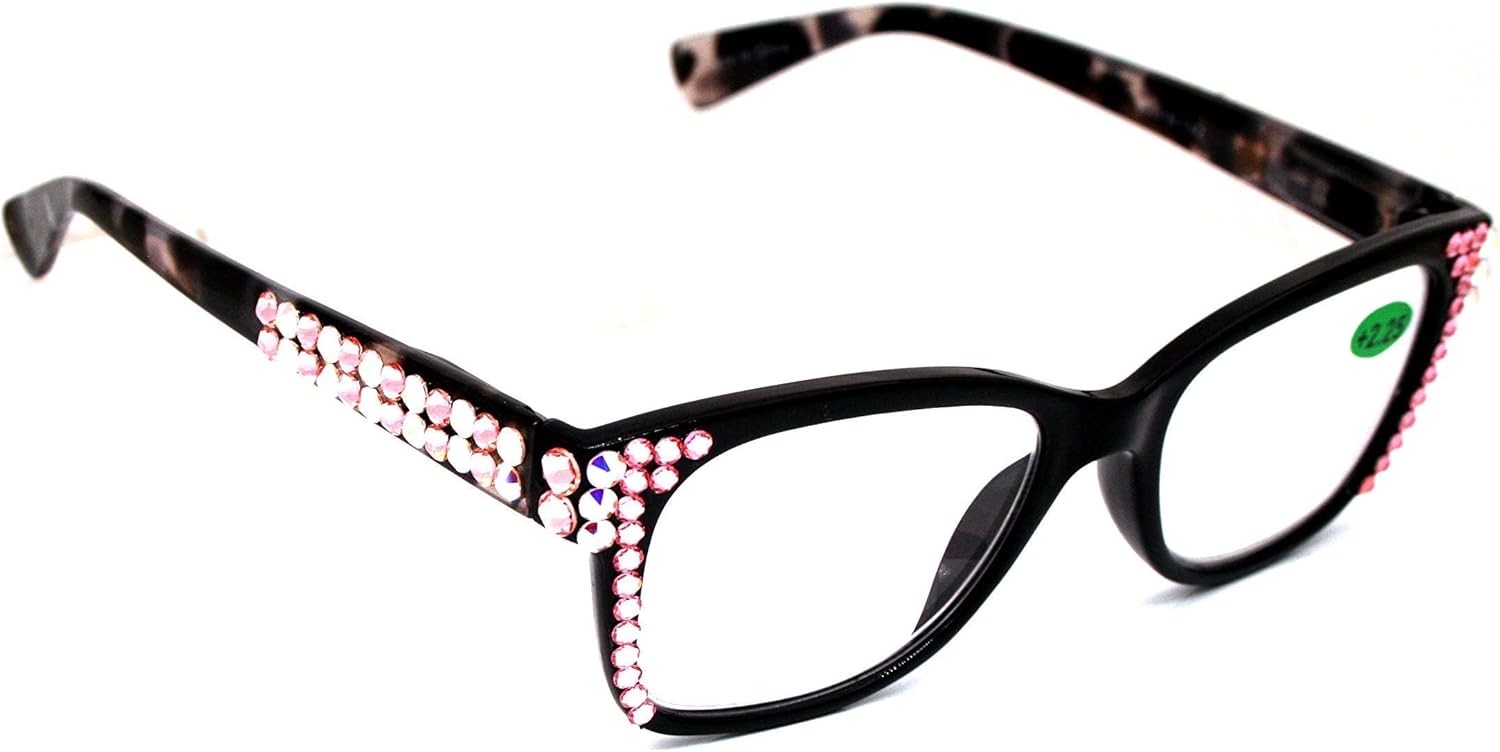 Madison Square, Bling Women Reading Glasses With AB Aurora Borealis and Rose Genuine European Crystals Tortoise Black. NY Fifth Avenue. Wide Frame.