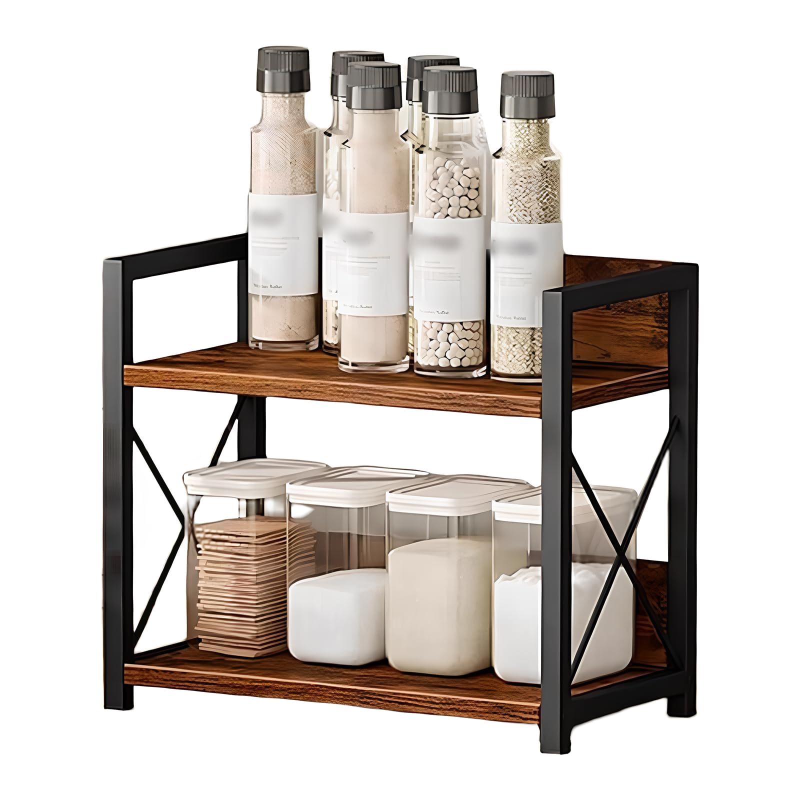 Scaffale Salvaspazio Cucina a 2 Ripiani,Scaffale da Appoggio a Metallo e Legno,Mensola Cucina Salvaspazio,Supporto Porta Spezie da Appoggio a 2 Livelli per Sala da Pranzo, Ufficio