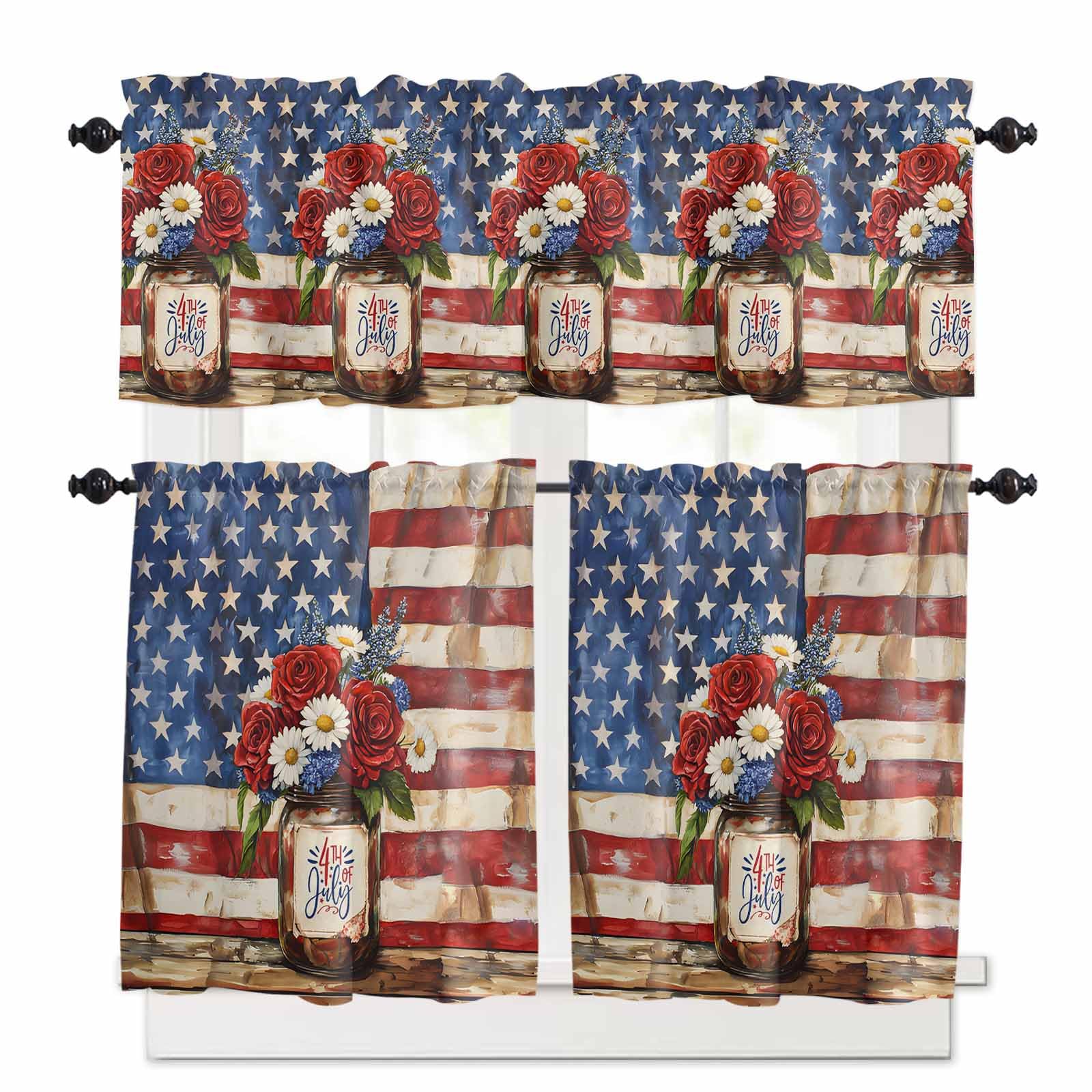 4th of July Kitchen Curtains 36 Inch Length, 3 Piece Rod Pocket Small Half Tiers and Valance Set, Independence Day Floral American Flag Small Large Window Treatment Decor for Bedroom/Bathroom Sink