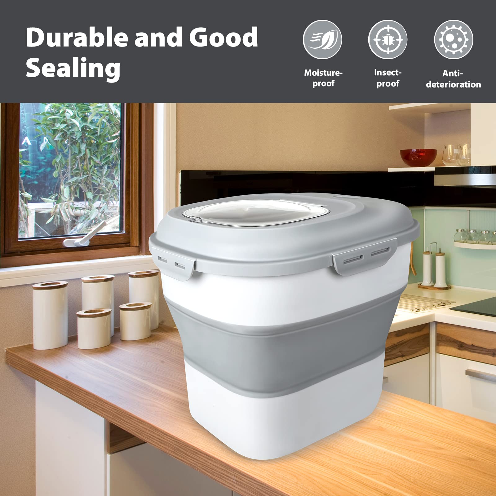 Viretec Contenedor de almacenamiento de alimentos de arroz, dispensador de almacenamiento de alimentos plegable herméticamente grande con tapa de bloqueo y rueda enrollable, soporte de cocina para