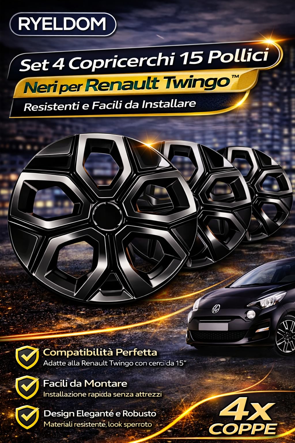 RYELDOM Set 4 Copricerchi 15 Pollici Neri per Renault Twingo, Coppe Ruota Resistenti e Facili da Installare
