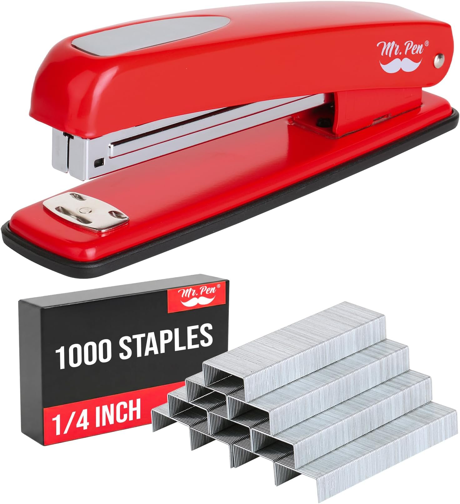 Red Office Stapler with Staples, 1000 Staples 1/4", 20 Sheet Capacity, Desktop Stapler for Students, Office Supplies, Ergonomic Design for Comfortable Use, Opens 180 Degrees for Easy Loading