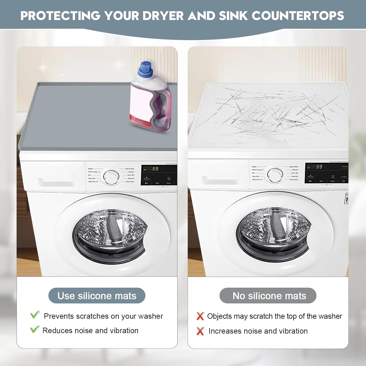 2 PCS Washer and Dryer Top Protector Mat, 27''x 27'' Silicone Washer and Dryer Covers for Top,Non Slip Heavy Duty Washing Machine Cover Protector Top Load for Laundry and Kitchen, Grey