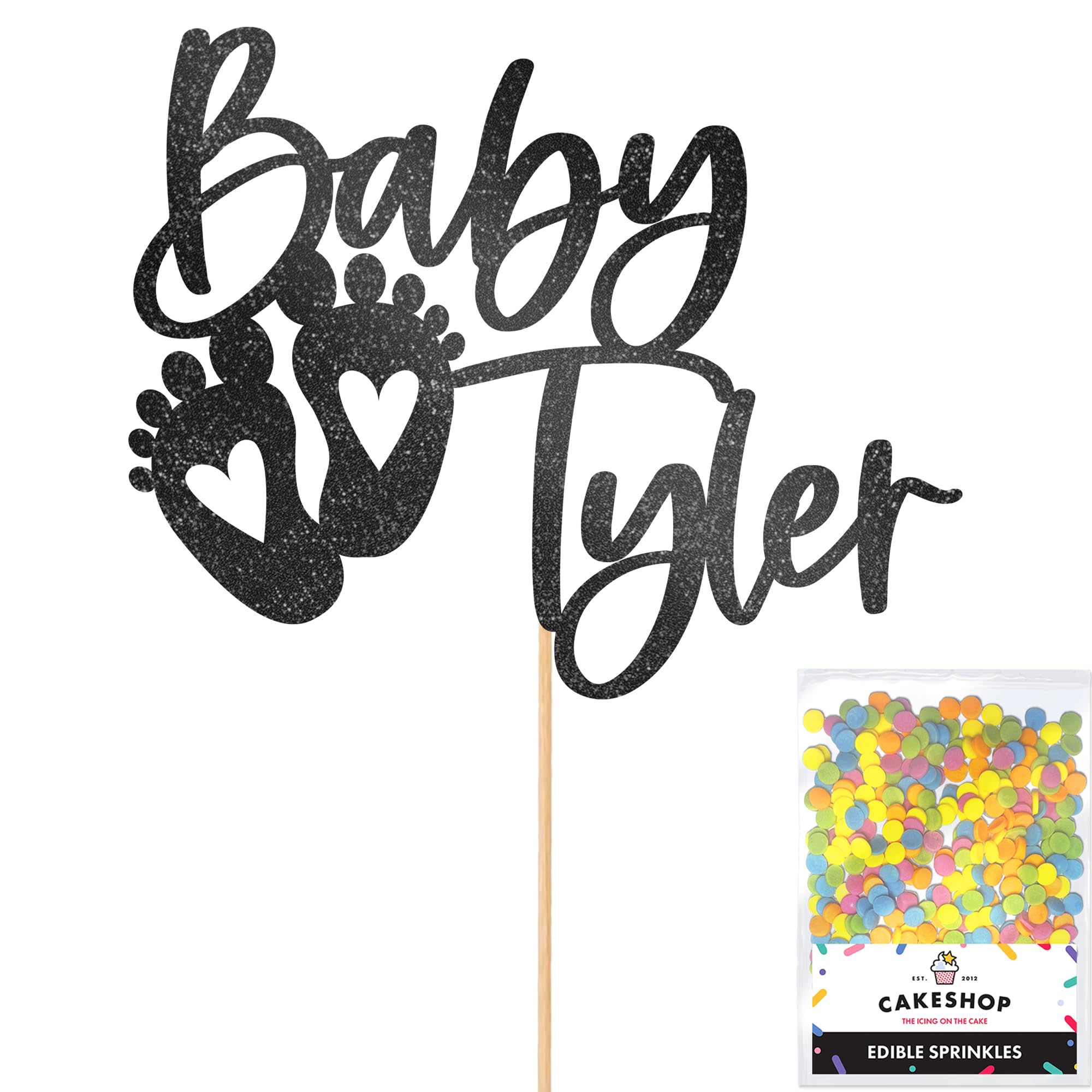 Cakeshop Personalised Baby Glitter Cake Topper With Sprinkles - Black Custom Colour - Any Name - Double-Sided Glitter Card Cake Decoration - Custom Toppers for Cakes
