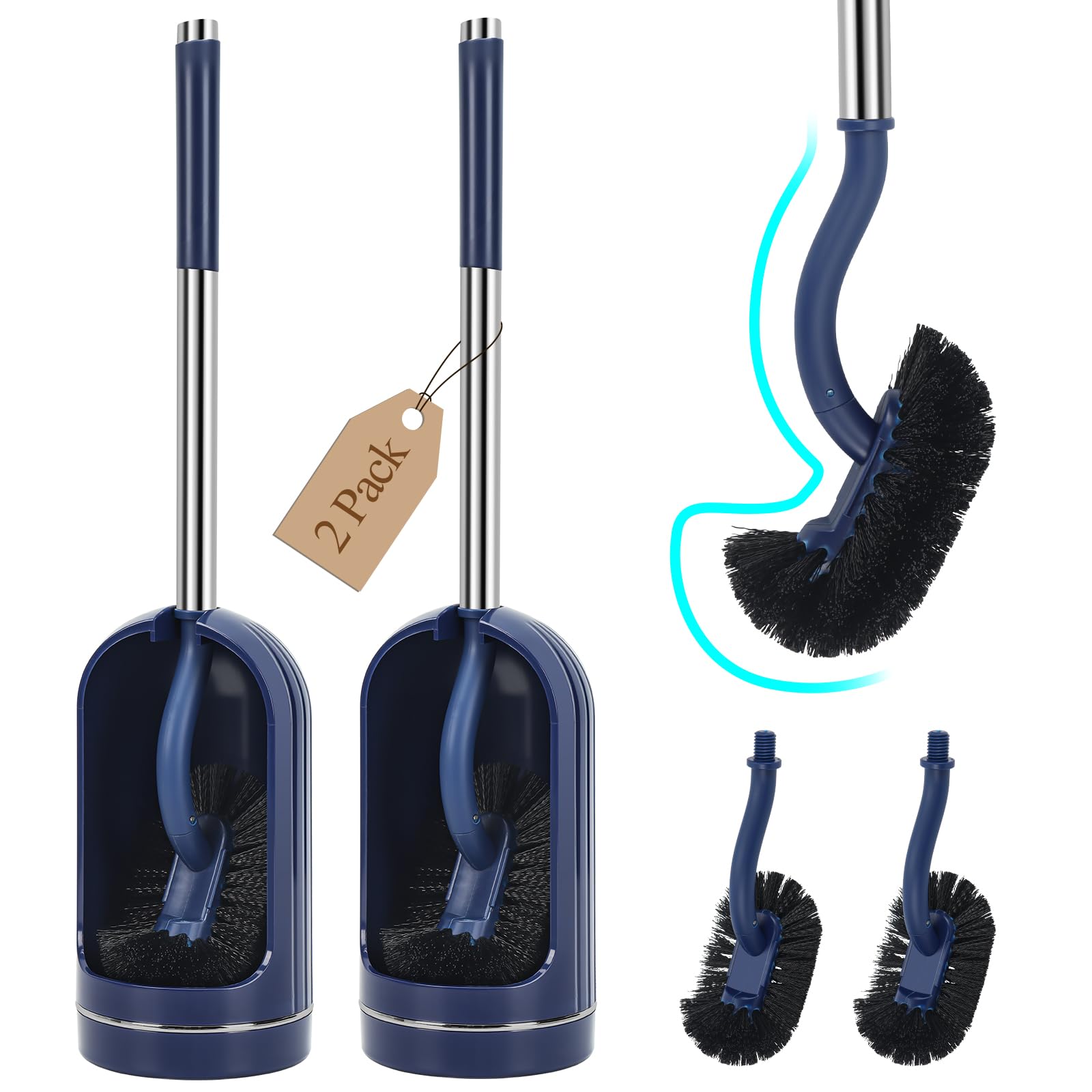 Toilet Brush, Toilet Brushes with Holders, Curved Toilet Brush with Edge Cleaner, Stainless Steel & Plastic Handle, Bathroom Cleaning Brush, Loo Brush Replacement (2, Navy Blue)