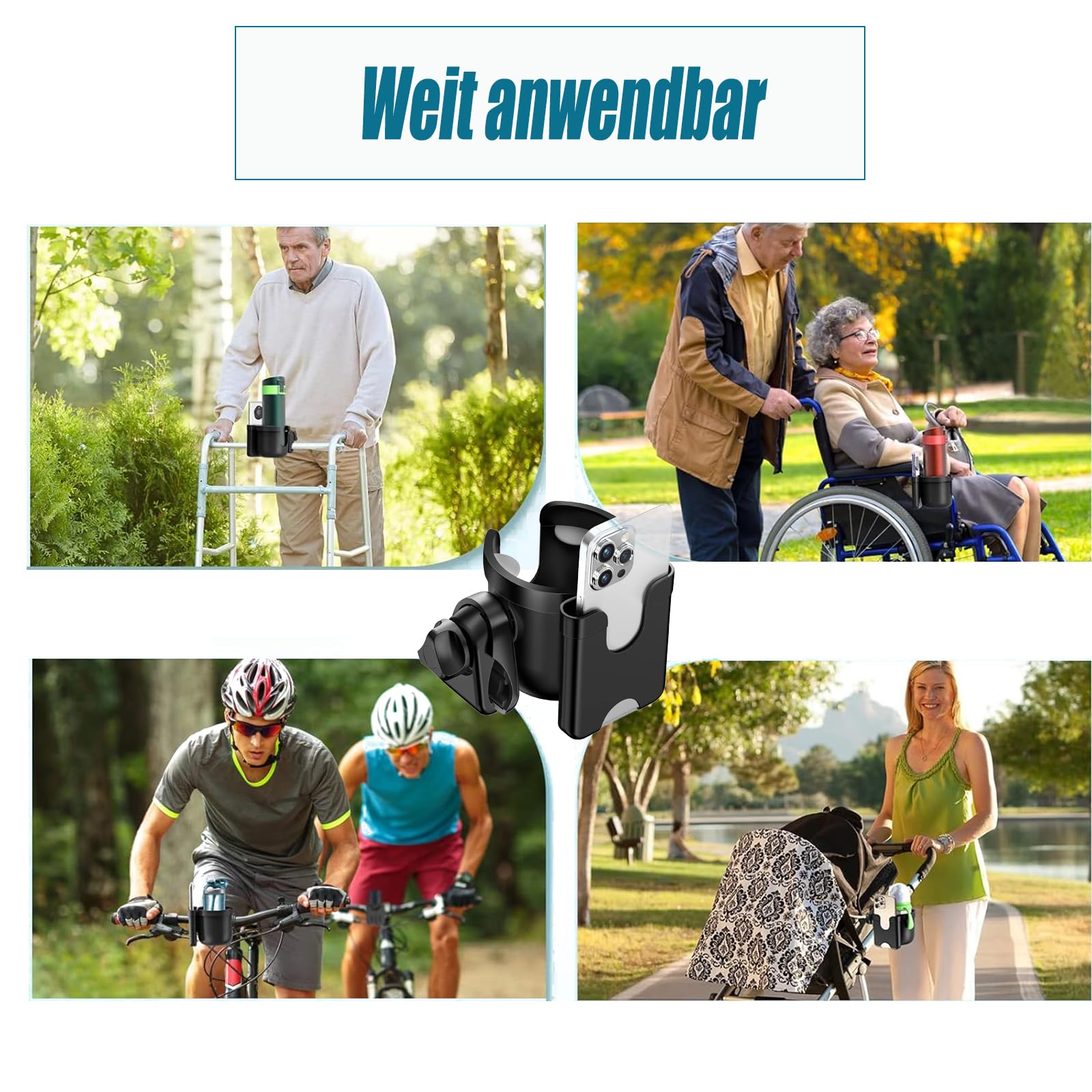 KM Getränkehalter Kinderwagen Universal - 3-in-1 Mit Telefonhalter Für Buggy & Fahrrad