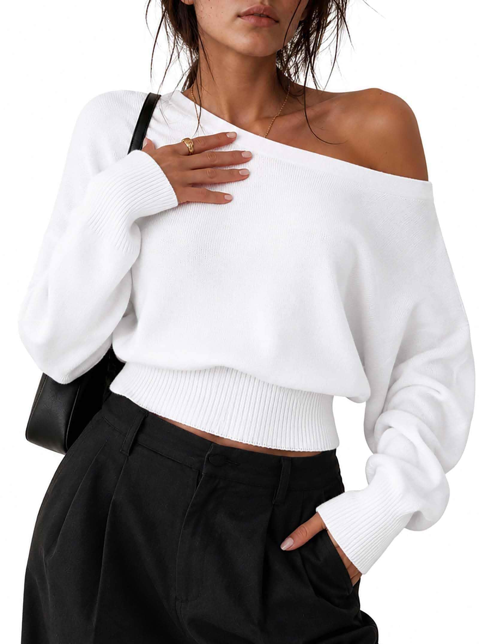 Remidoo Womens Off The Shoulder Sweater Knit Long Sleeve Crop Top Batwing Sleeve, Pullover, Knitted, One Shoulder, Cinch Waist, Asymmetrical Neck, Going Out Tops, Cropped Sweater