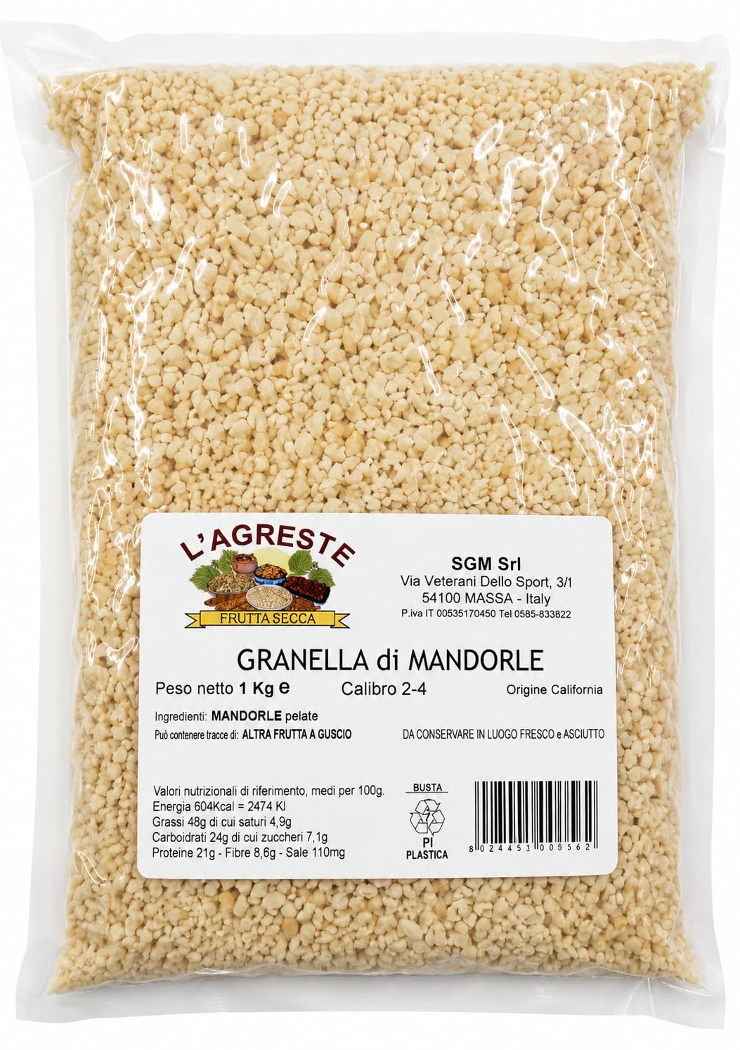 L'AGRESTE - GRANELLA DI MANDORLE PREMIUM 1 KG | MANDORLE TRITATE NATURALI | PERFETTE PER DOLCI, PASTICCERIA, YOGURT E COLAZIONE | FRUTTA SECCA CROCCANTE | CONFEZIONE SOTTOVUOTO