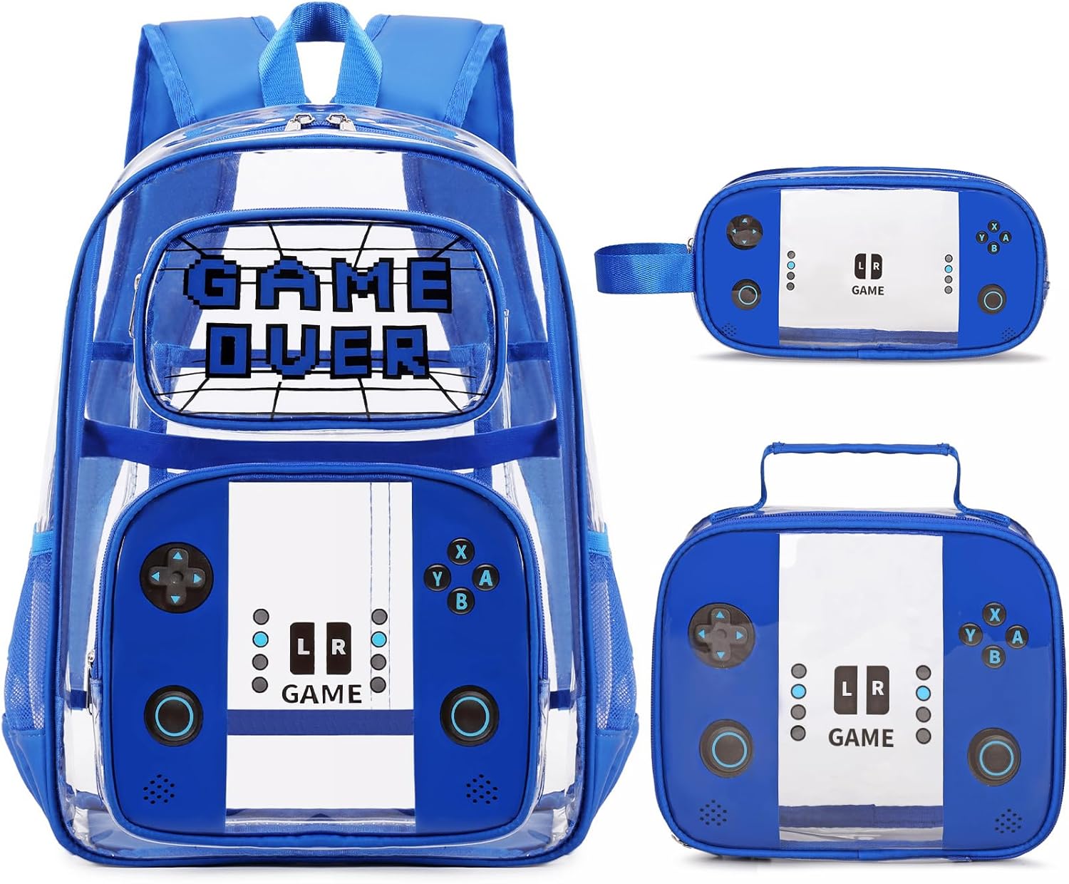 Clear Backpack for Boys, PVC Transparent Cool Luminous Gamer Backpack for Boys Girls Kids Children Teens Elementary Middle School, Clear Bookbag with Lunch Box & Pencil Case Set (Blue)