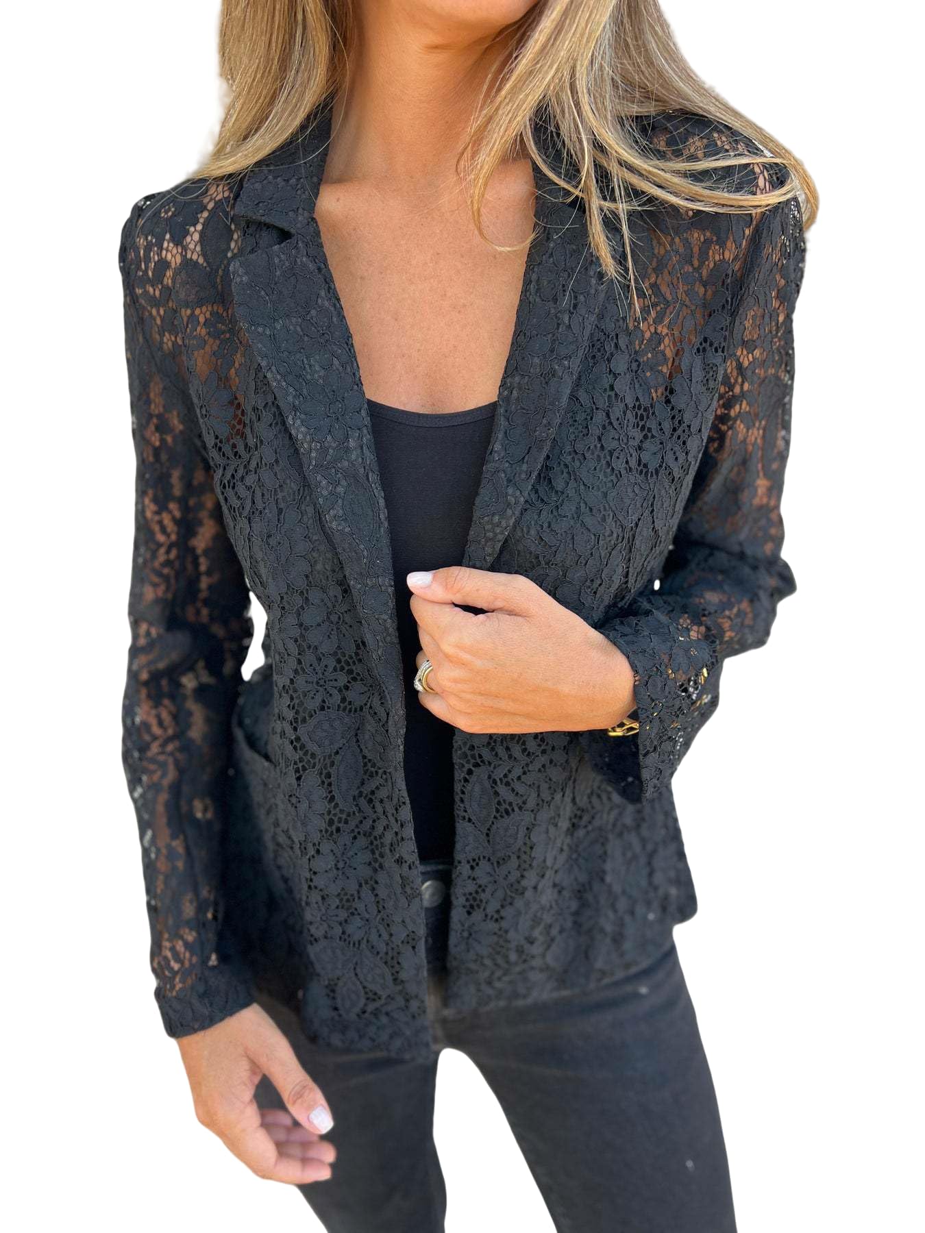 MINTLIMIT Womens Lace Blazer Open Front Button Down Sheer Mesh Blazer Elegant 3 4 Sleeve Casual Blazers Jacket