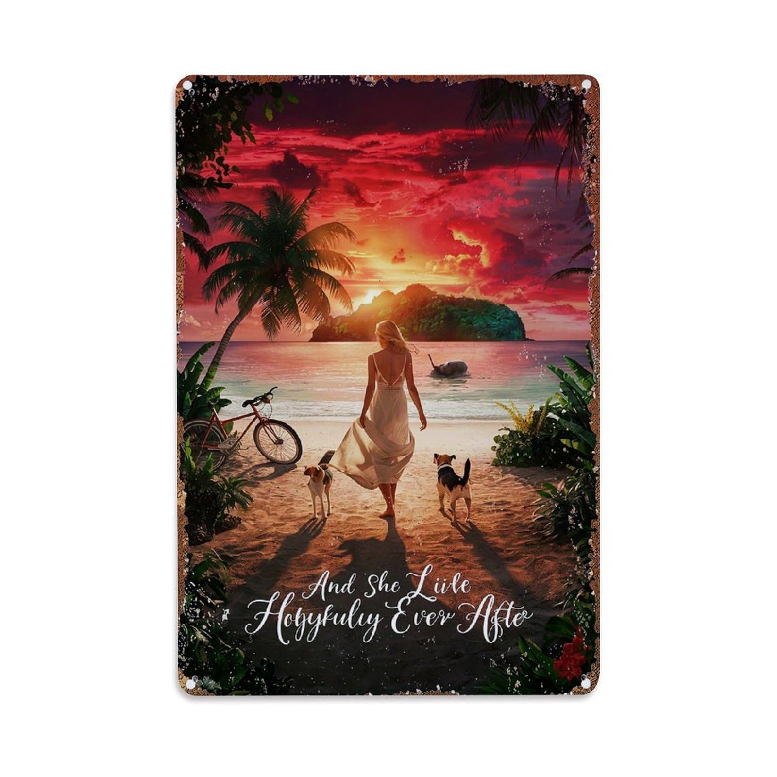 Tropical Sunset Beach Scene With Dogs Retro Metal Tin Sign, Vintage Decor Art Poster for Bar, Home, Man Cave, Kitchen, Laundry Room Gift 8x12Inch