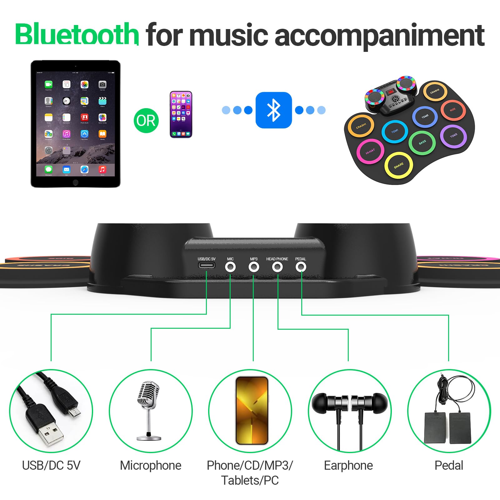 Juego de batería electrónica de 9 almohadillas con luces LED, kit de batería electrónica portátil Bluetooth, almohadilla de práctica enrollable, altavoces duales integrados, auriculares, 6