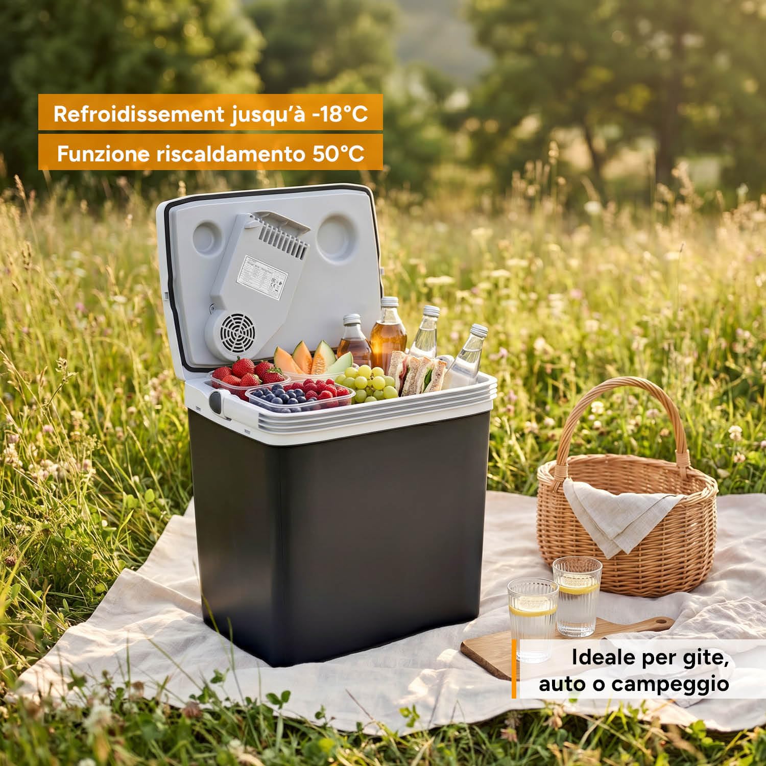 TZS First Austria - Frigo Portatile Elettrico 32L - Tripla Alimentazione con USB-C PD 3.0 - Raffreddamento e Riscaldamento - 12V/230V/USB-C - Minibar - Nero/Grigio