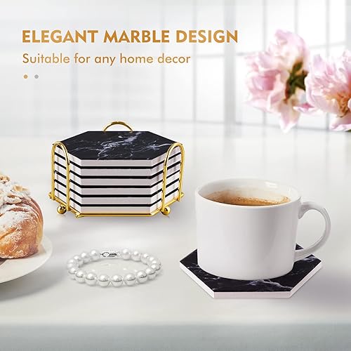 Miniatura 2 de Posavasos negros, posavasos de mármol para bebidas con soporte dorado, posavasos absorbentes con base de corcho para bar, cocina, hogar y decoración