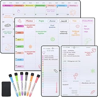 POPRUN Magnetisch Whiteboard Familienplaner Wochenplaner+Monatsplaner+Tagesplaner+To Do Liste abwischbar,Magnettafel für Kühlschrank,Monatskalender,Memoboard,Terminplaner auf Deutsch (4 Stücke)