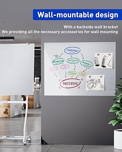 Miniatura 9 de Pizarra blanca móvil de cristal, 24 x 36 pulgadas, altura ajustable, pizarra de borrado en seco portátil grande con soporte y ruedas para el hogar,