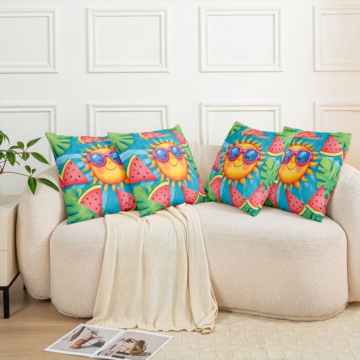 Homewish Cartoon Cute Sun Throw Pillow Cover Watermelon Tropical Plant Double Sides Pillow Case for Kids Boys Girls Room Decor,Groovy Summer Cushion Cover for Bed Couch Sofa,Red Yellow 1 Pack 16"x16" image 5