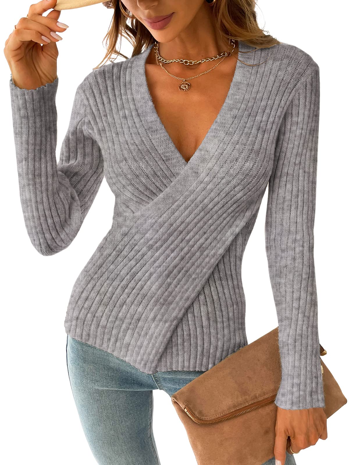 CUPSHE Pull côtelé à manches longues pour femme, tricot d'automne avec col en V