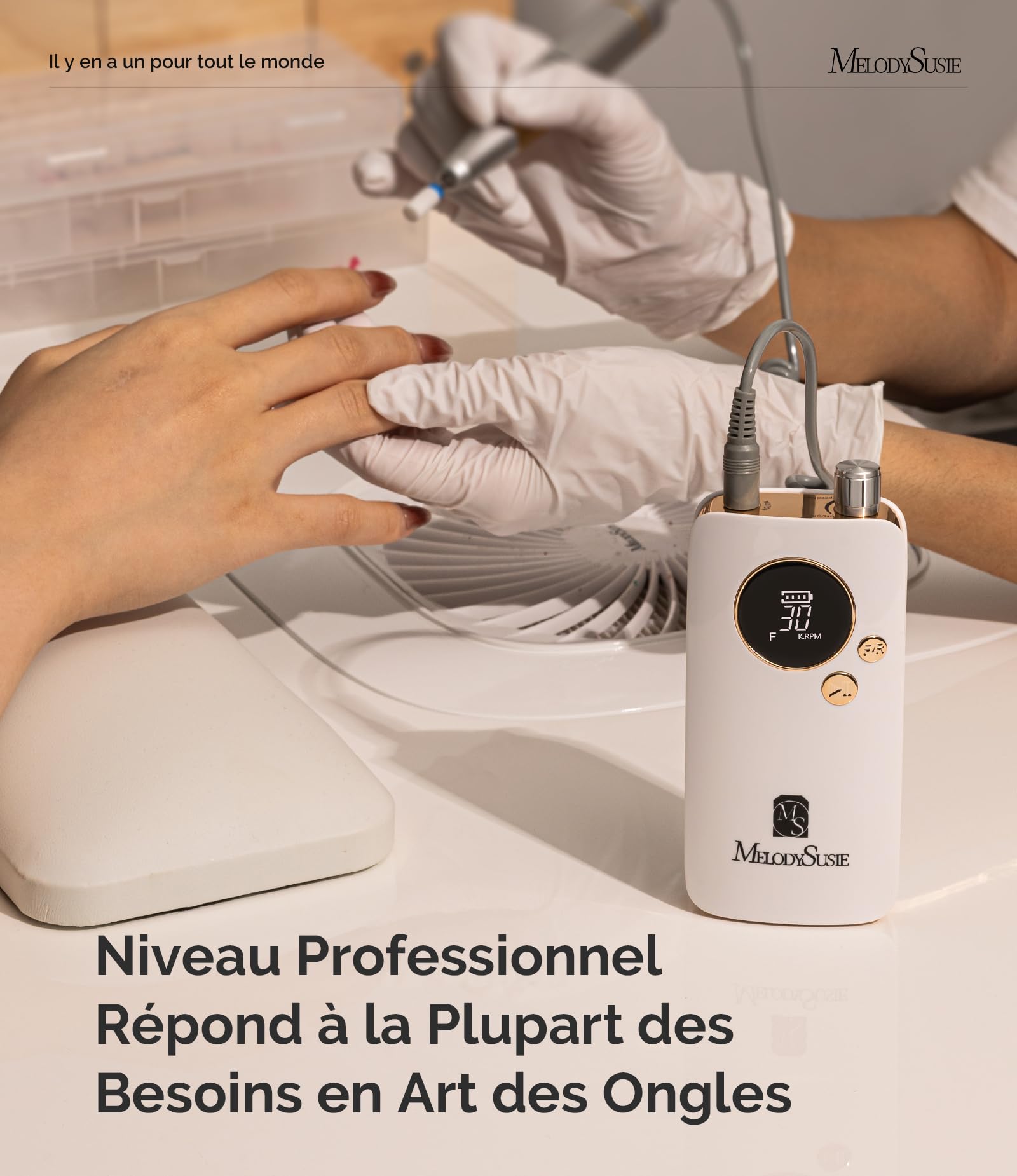 MelodySusie Ponceuse pour Ongles Professionnelle 30 000 tr/min, SC320F Lime à Ongles Électrique Rechargeable sans Fil pour Manucure Pédicure Puissante, Avec 6 Embouts pour Salon/Maison, Blanc&Or