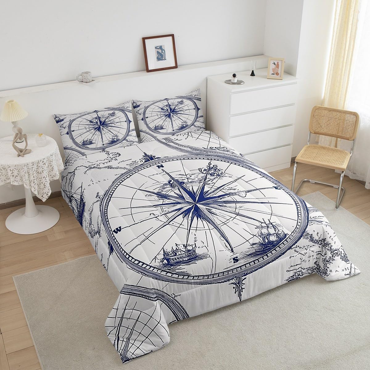 Feelyou Compass Print Comforter Set Queen Size Ocean Nautical Themed Bedding Set Kids Boys Girls Geometric Circles Pattern Comforter Coastal Sea Adventure Quilt Set