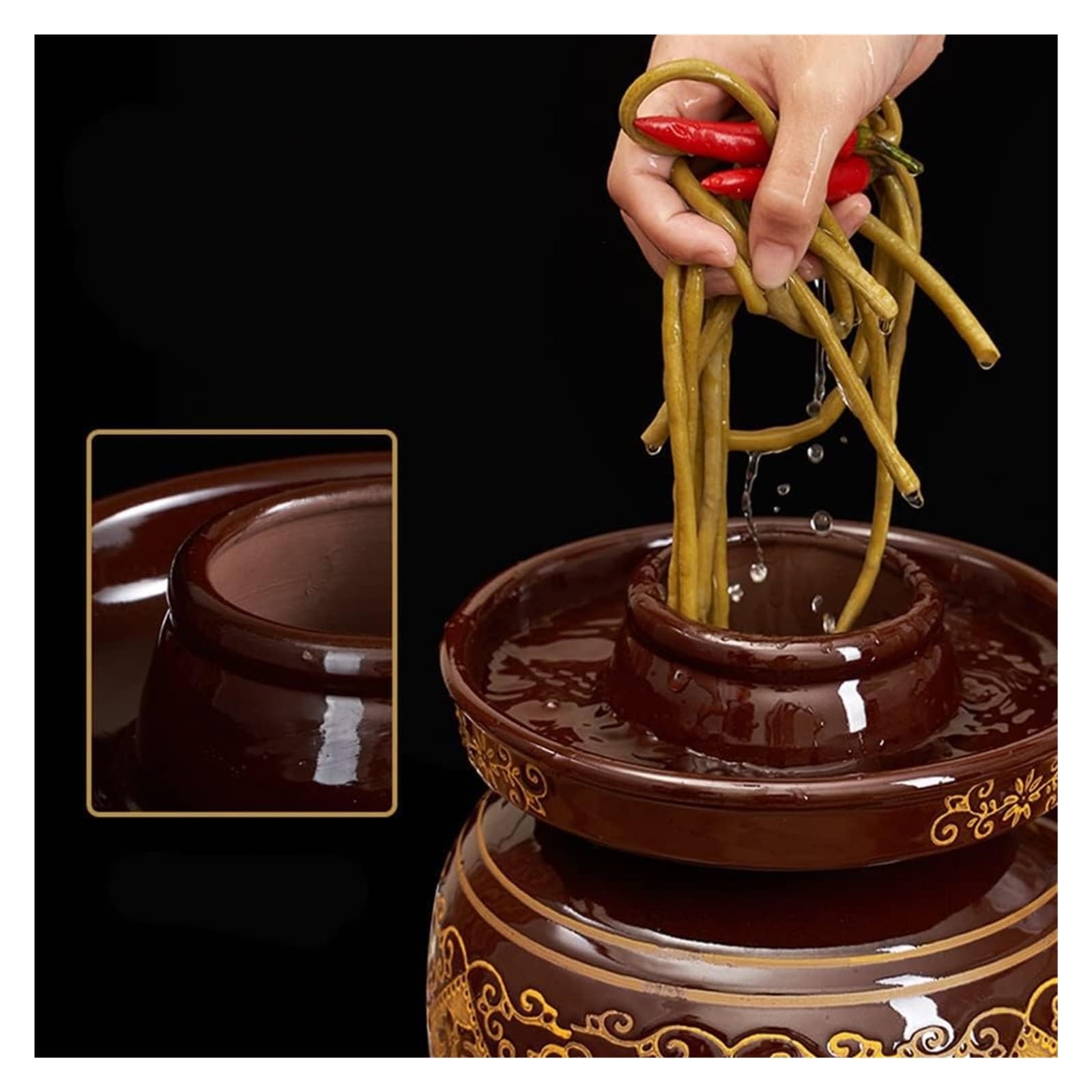 Tarro de fermentación para chucrut y encurtidos, tarro de cerámica tradicional con tapa hermética de sellado de agua, diseño grueso grande