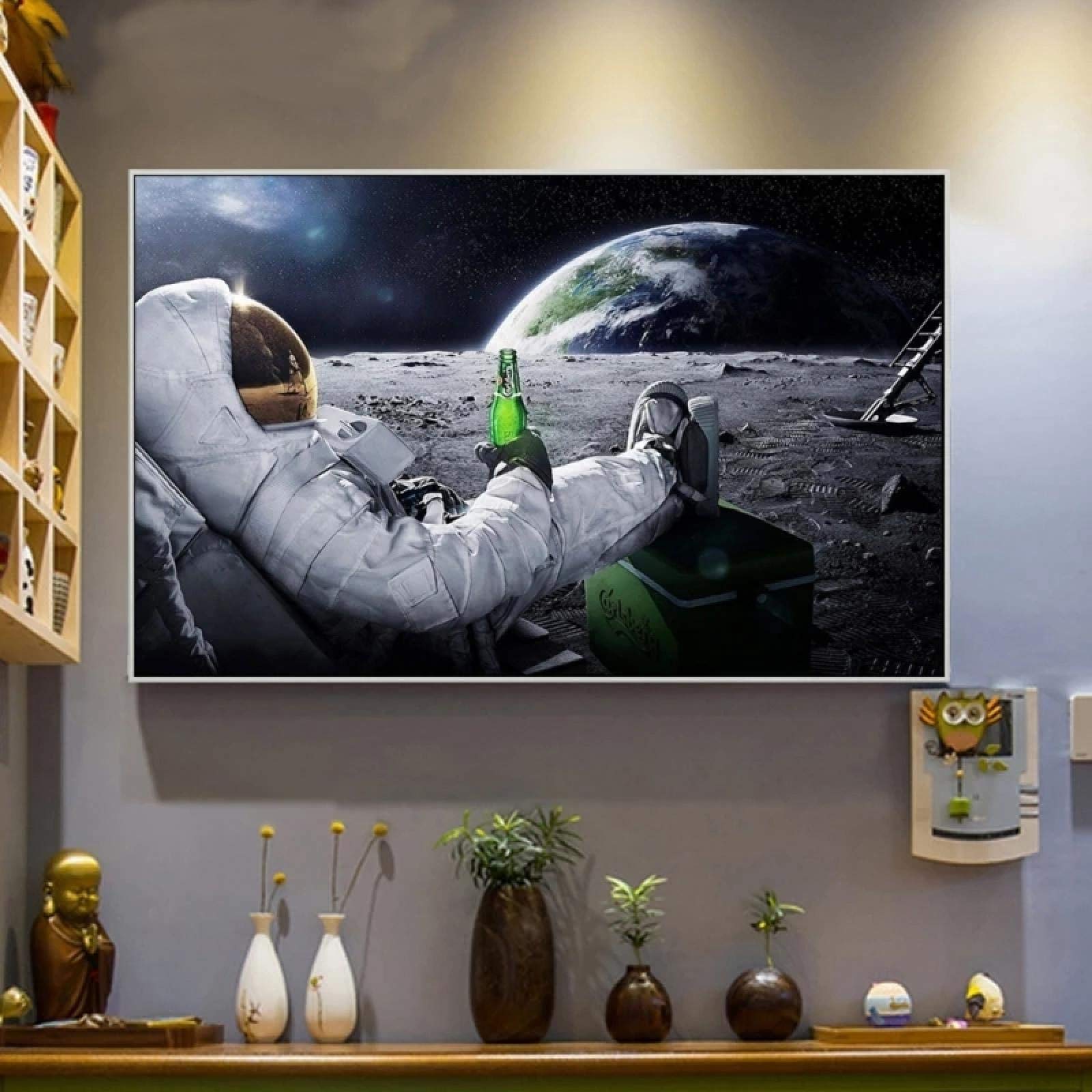 Cervezas modernas Espacio exterior Tierra Astronautas Luna Pintura sobre lienzo Carteles Impresiones Arte de la pared Imágenes para la decoración de la sala de estar 80x140cm (31x55in) con marco