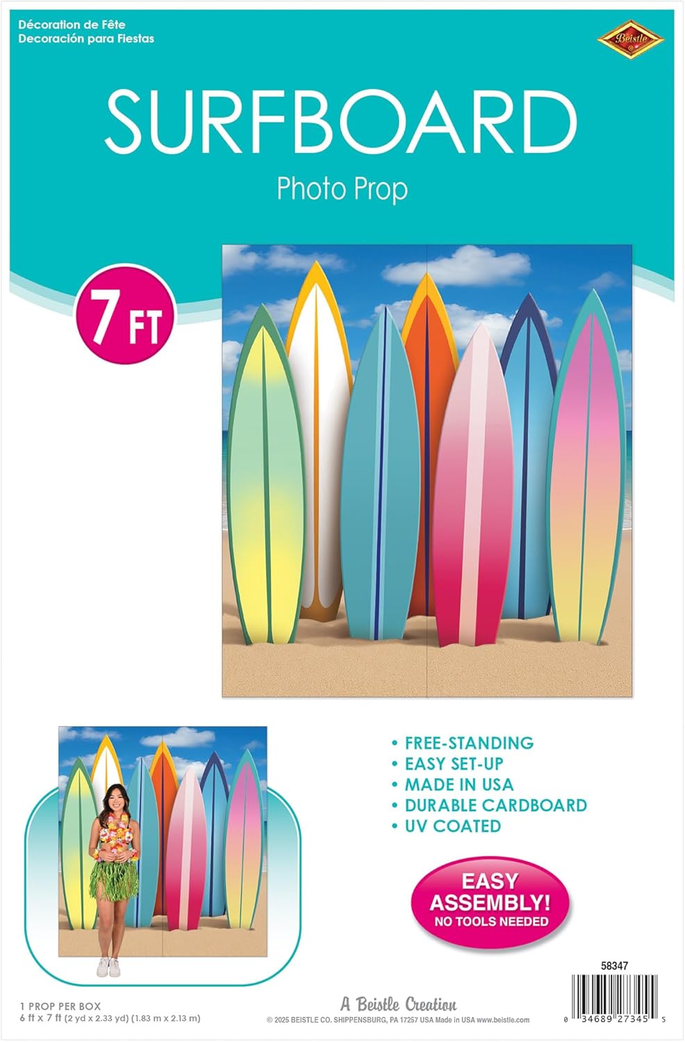 Beistle Surfboard Photo Prop – Freestanding Beach Scene Decoration, Cardboard Surfer Display with Attached Easel for Tropical & Summer Events, Photo Booth Backdrops & Hawaiian Luau Parties, 7' x 6'