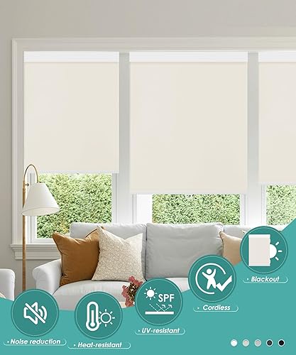 Miniatura 5 de BlinDecor Persianas enrollables 100 % opacas para ventanas, sin cordón, con protección UV, persianas de puerta para hogar, beige, 27 x 72 pulgadas