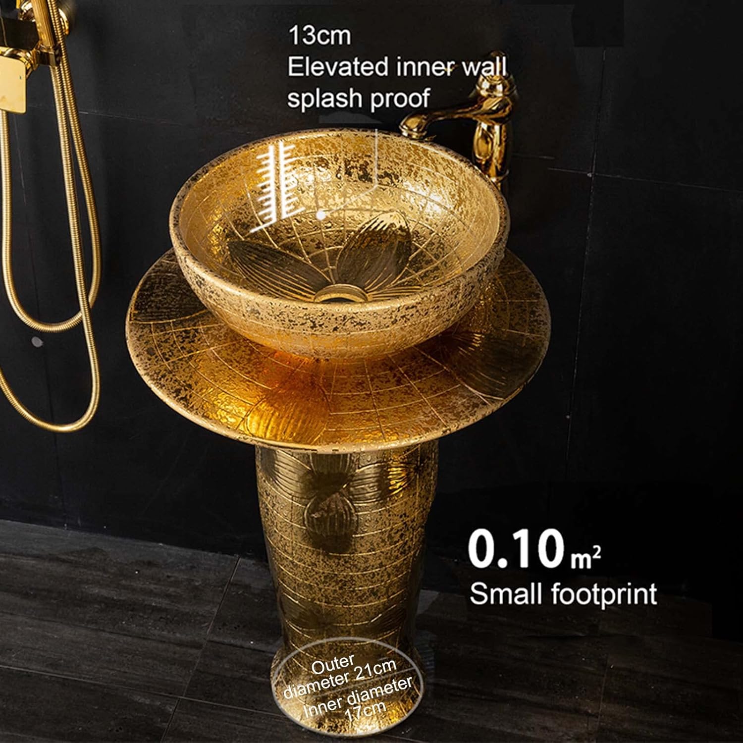 Pedestal Sink 16"X16" Gold Plated Modern Ceramic Bathroom Basin Sink, Kaolin Clay Pedestal Sink Round Freestanding Sink, Scratch and Stain Resistant,Without Mirror