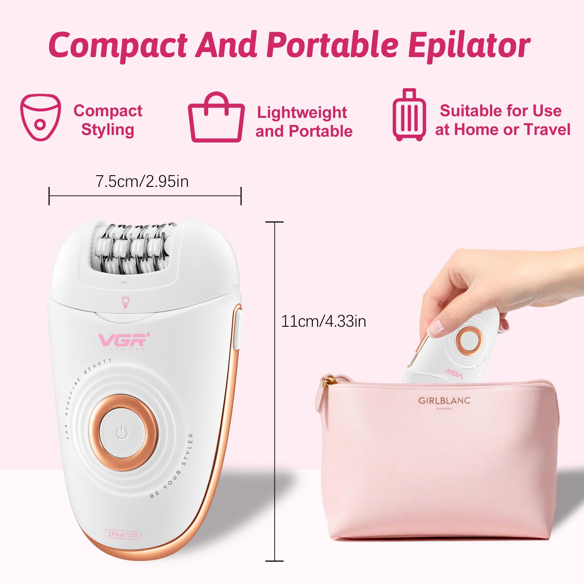 VGR 739 Epilatore 3 In 1 Per Donne, Senza Fili IPX4 Impermeabile Con Testa Epilatore, Rasoio E Rimuovi Calli, 2 Velocità E Luce LED, Epilatore Ricaricabile USB Per Viso E Corpo