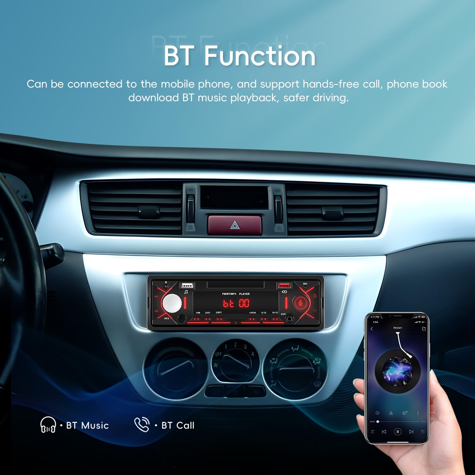 Autoradio 1 Din Bluetooth 5.0 Auto Radio mit Bluetooth Freisprecheinrichtung FM Radio/2 USB/TF/AUX IN RCA Autoradio 1 DIN MP3 Player Stereo-Receiver für Auto, Schnellladung