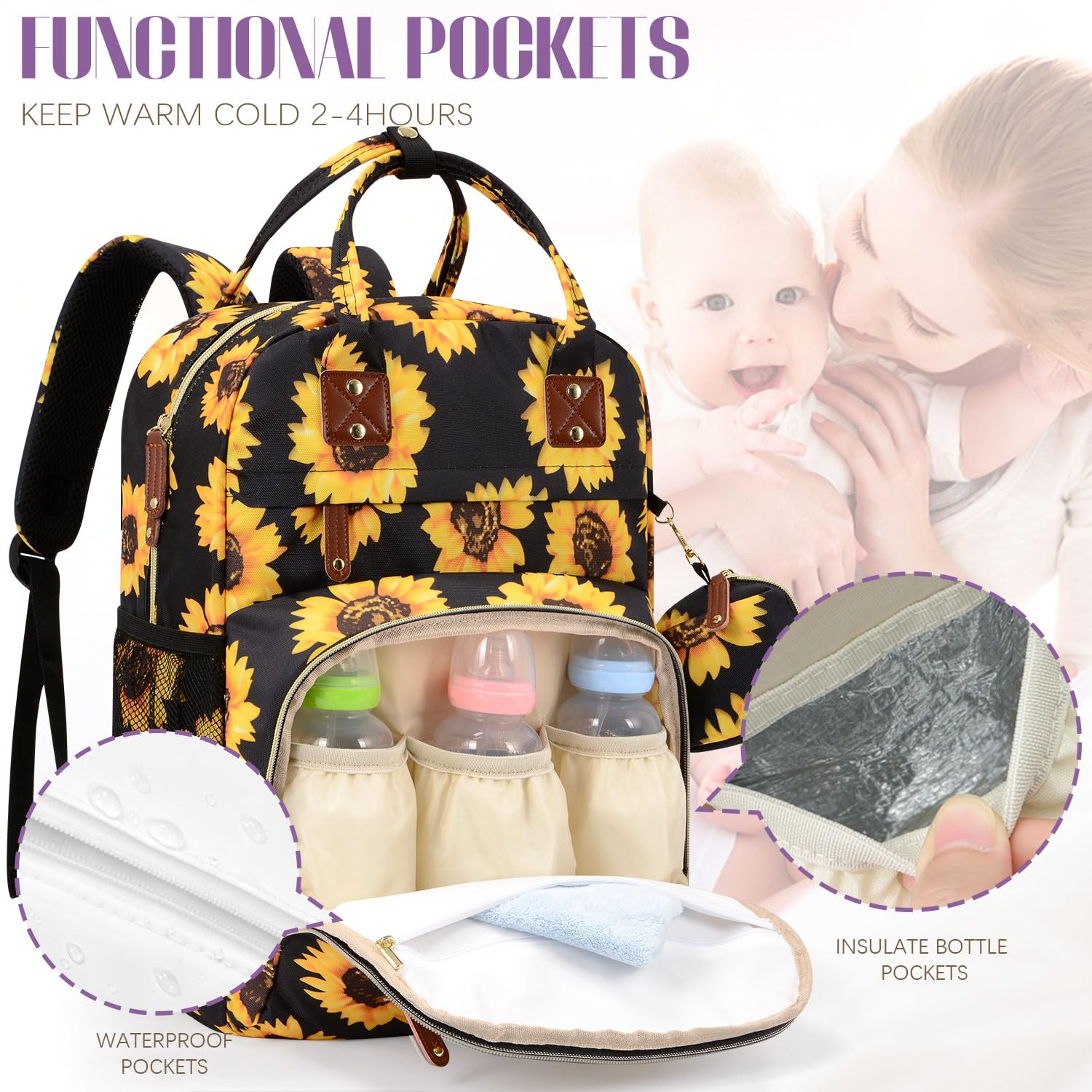 Tuwubi Diaper Bag Backpack, Baby Essentials Travel Tote Bag, Multi function Waterproof Backpacks, Travel Essentials with Stroller Straps & Pacifier Case - Sunflower