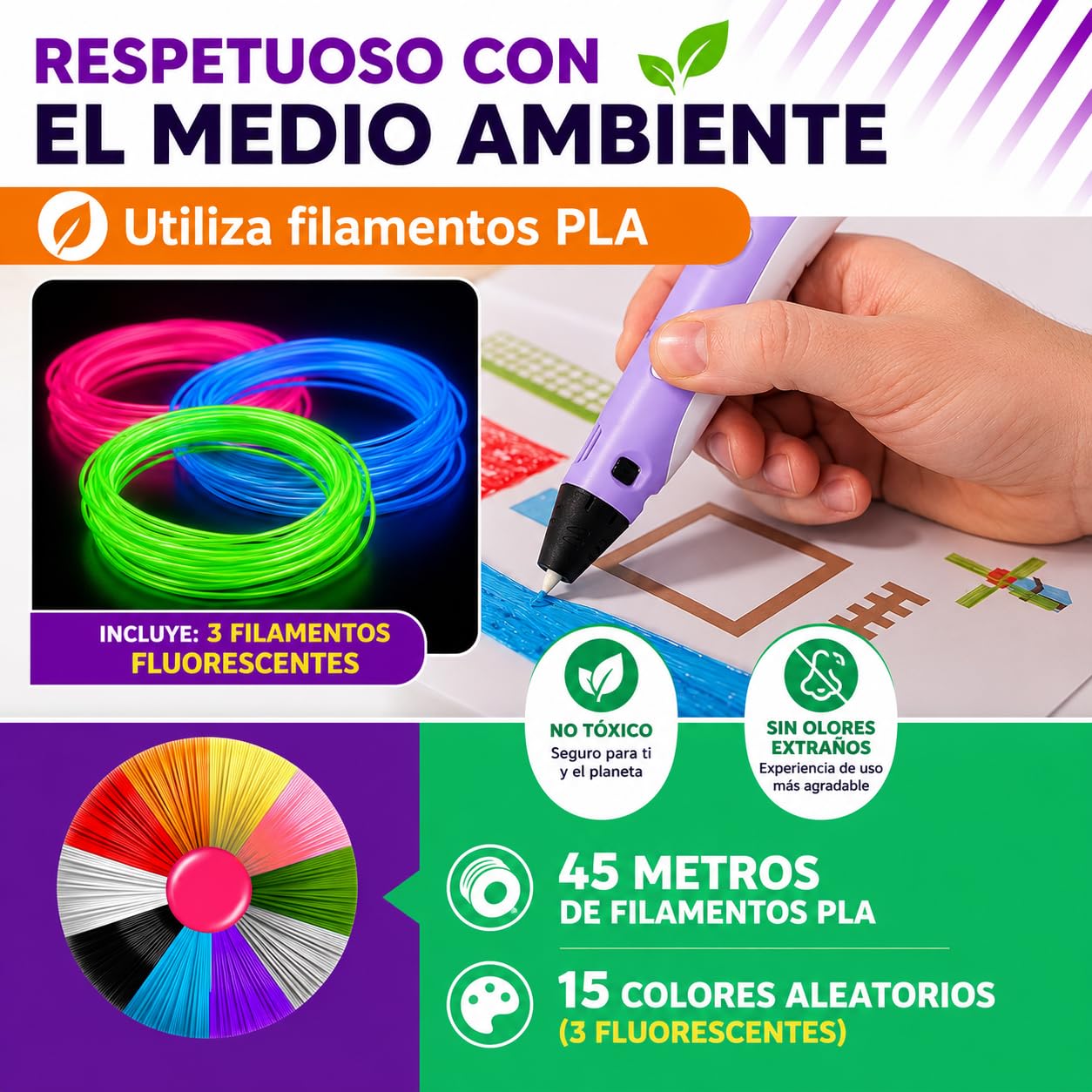 Bolígrafo 3D de Precisión | Kit Completo con 45 m de Filamento PLA (15 Colores) 3 Fluorescentes | Velocidad Regulable | Herramienta para Manualidades y Reparaciones. Pen 3D