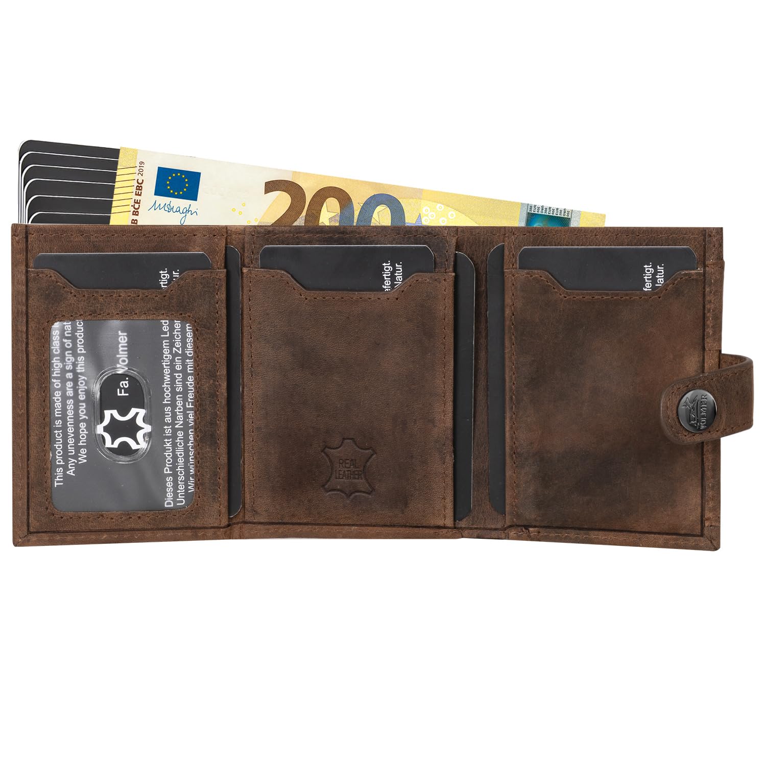 Fa.Volmer POP-UP etui na karty z przegródką na monety z prawdziwej skóry dla mężczyzn i kobiet | 12 kart | ochrona RFID | portfel VO45, Brown Hunter, Großes Münzfach, Duża przegródka na monety