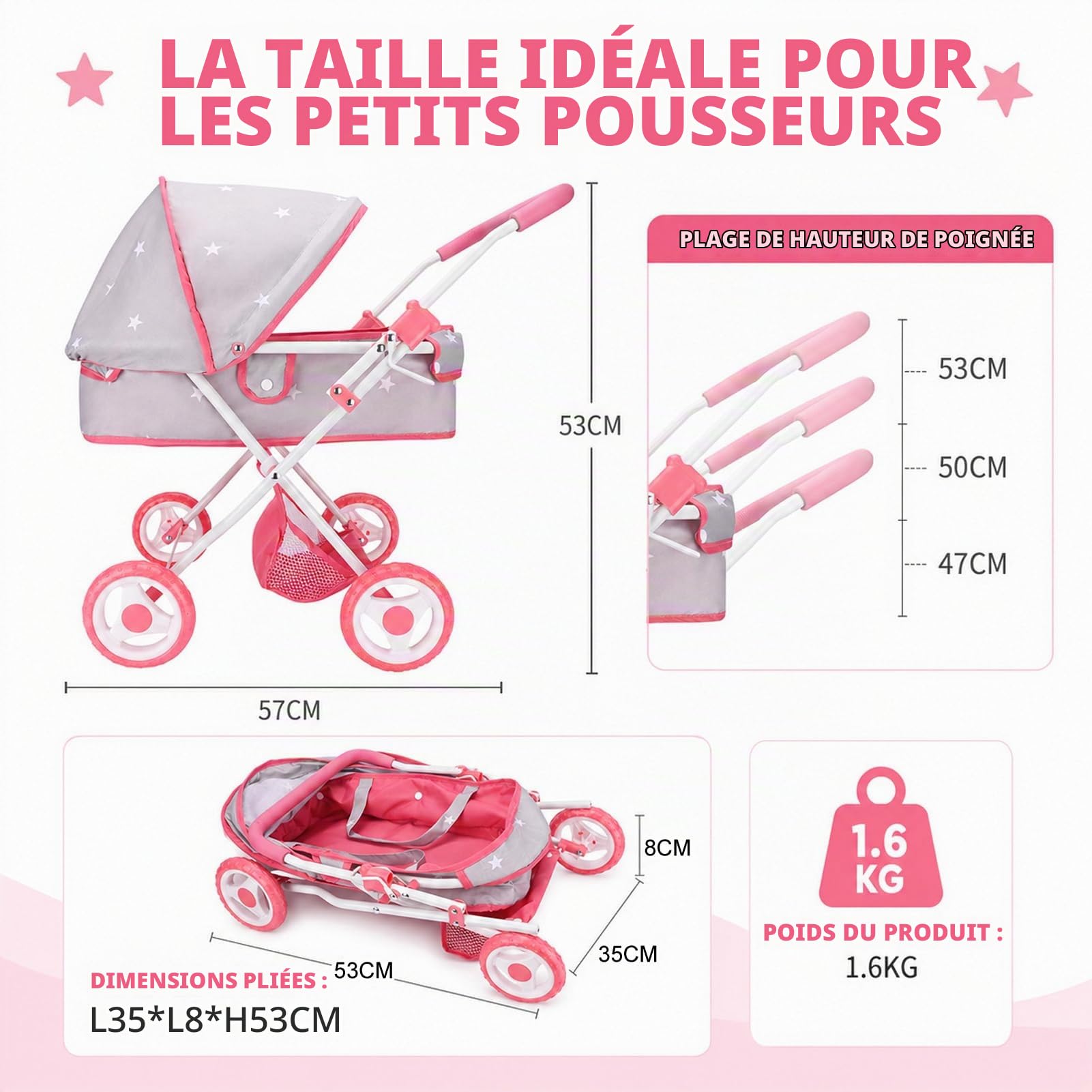 Bebamour Landau 2 en 1 Ensemble Poussette avec Landau Amovible Jouet pour Tout-Petits (Gris)