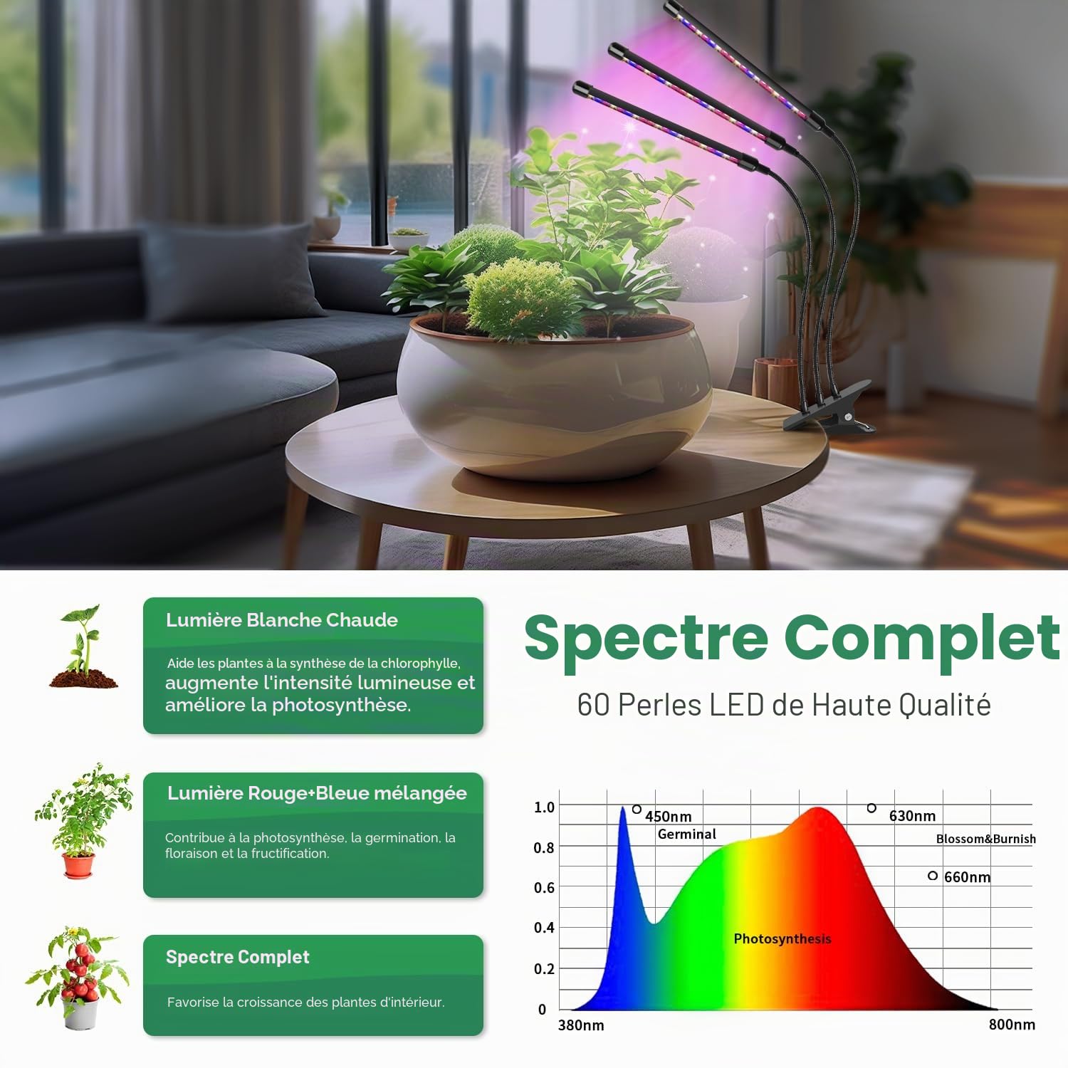 Garpsen LED Grow Light, 2pcs 3 têtes Full Spectrum clip Plant Light pour les plantes d'intérieur, 120 LED Grow Lights, 3 modes de commutation et minuterie 6/12 / 16h, 5 niveaux de gradation
