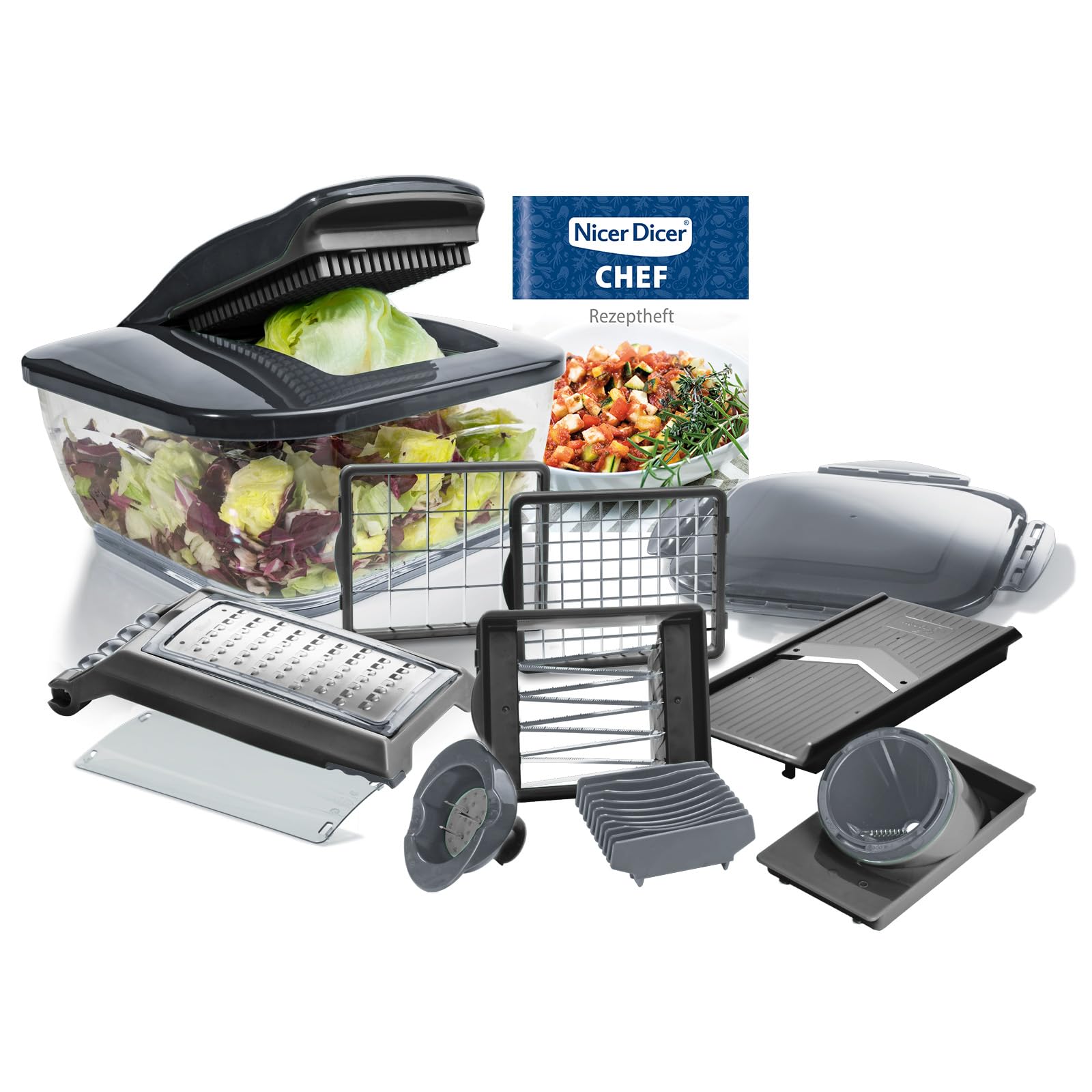 Nicer Dicer Chef - Juego de 15 cortadores de verduras - Rebanadora de cebolla, ensalada, cortador de patatas fritas, cortador de verduras corrugado, multipicadora para frutas, verduras, utensilios de